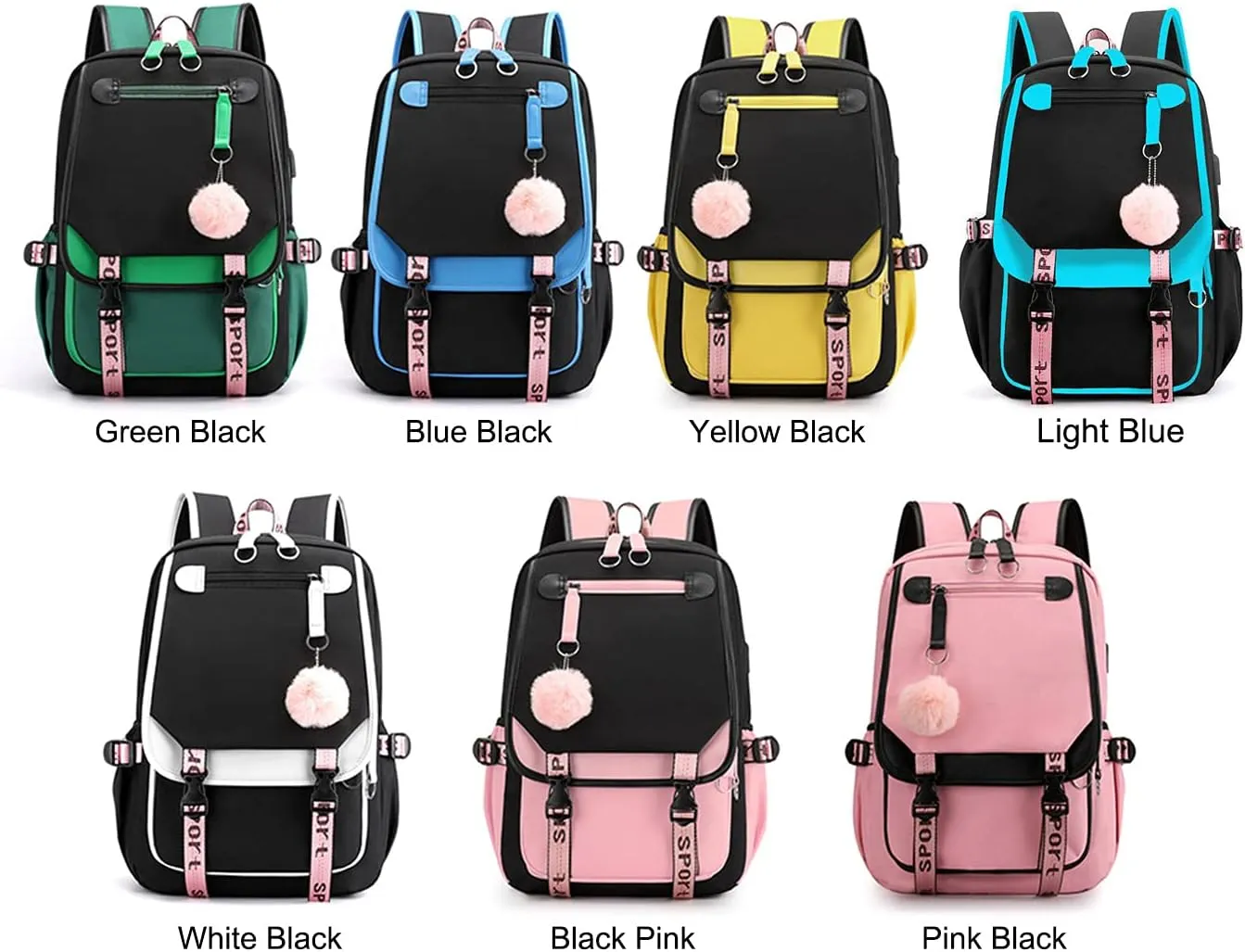 JiaYou Teenage Girls' Backpack Middle School Students Bookbag Outdoor Daypack with USB Charge Port (21 Liters, Light Blue)