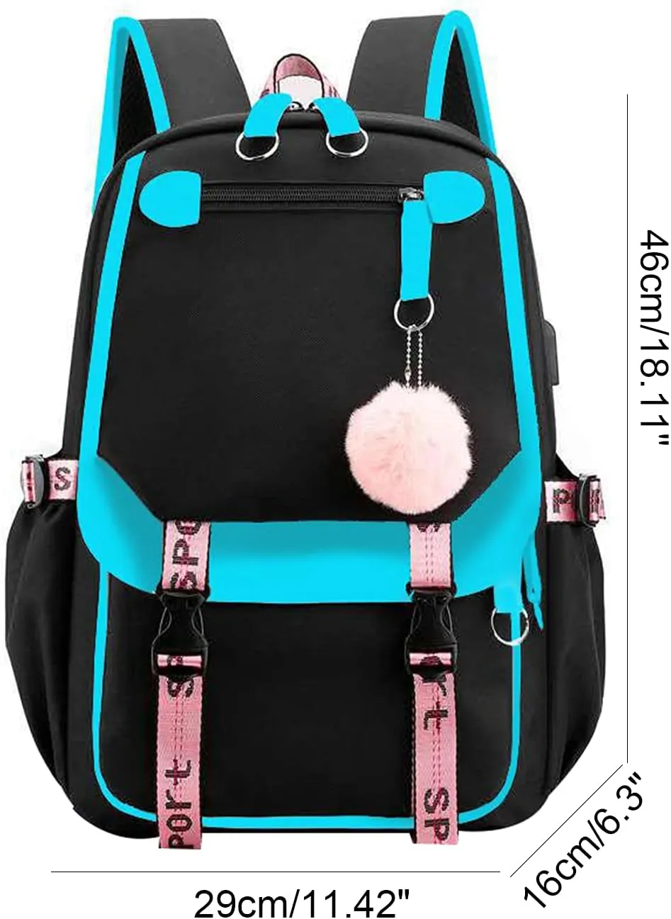 JiaYou Teenage Girls' Backpack Middle School Students Bookbag Outdoor Daypack with USB Charge Port (21 Liters, Light Blue)