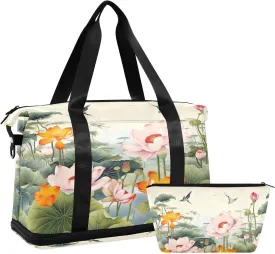 Lotus Pond Flowers Gym Bag for Women Sport Travel Duffel Bag Shoulder Weekender Overnight Bags with Wet Pocket & Shoe Compartment
