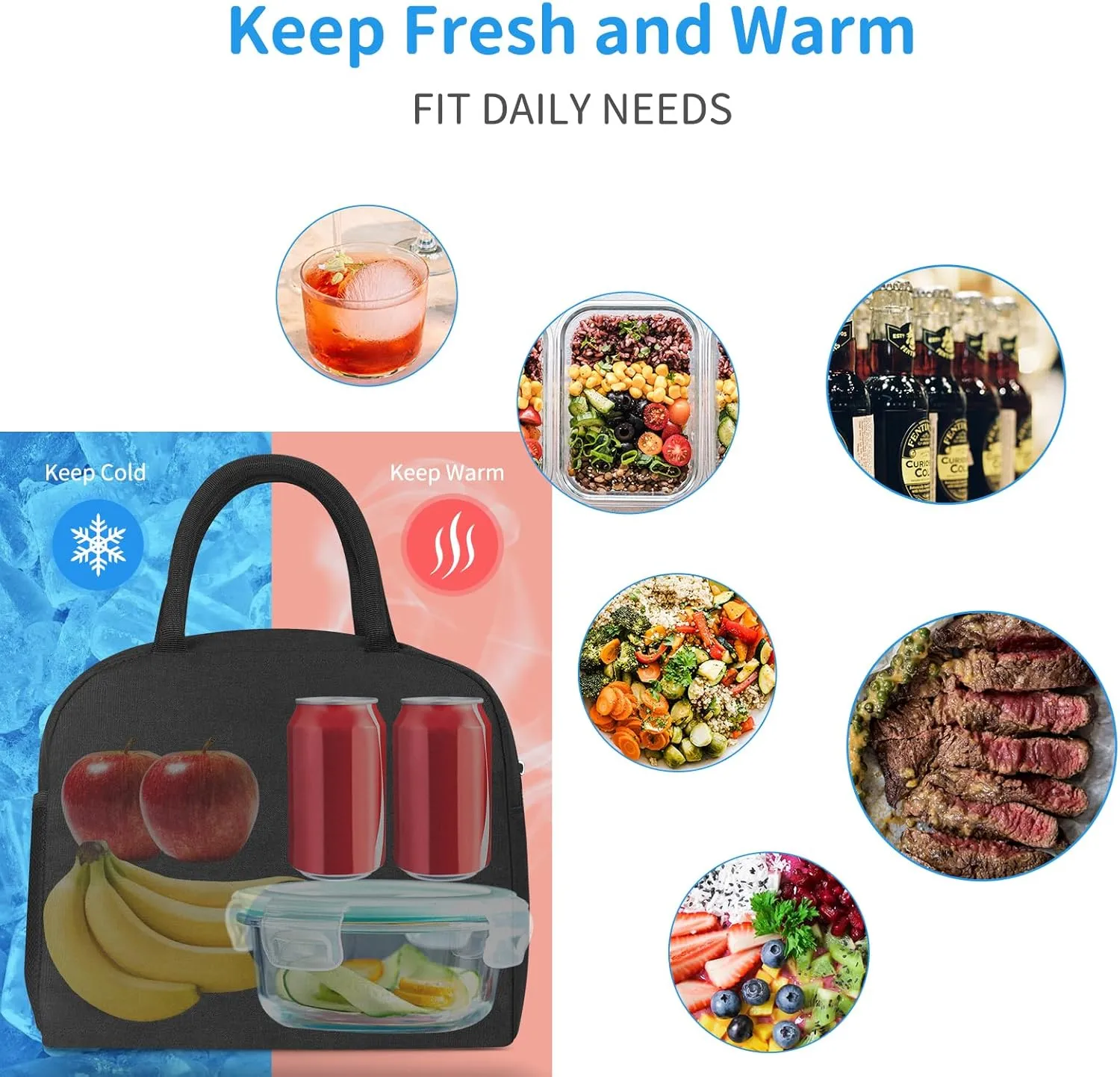 Lunch Bag Lunch Box for Women Men Reusable Insulated Lunch Bags for Adults,Water-Resistant Cute Cooler Lunch Tote Bag, Large Capacity for Work Travel Picnic,Black