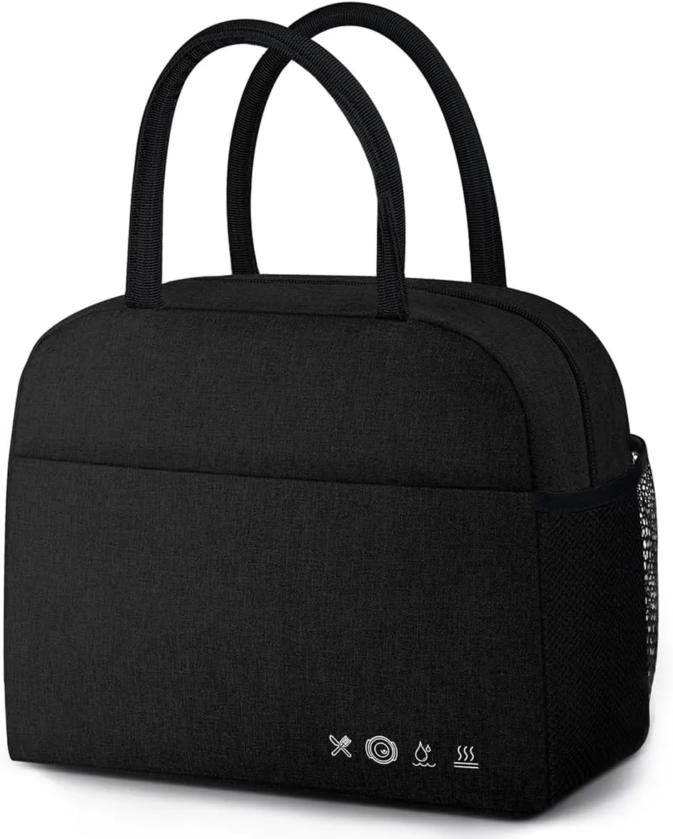 Lunch Bag Lunch Box for Women Men Reusable Insulated Lunch Bags for Adults,Water-Resistant Cute Cooler Lunch Tote Bag, Large Capacity for Work Travel Picnic,Black