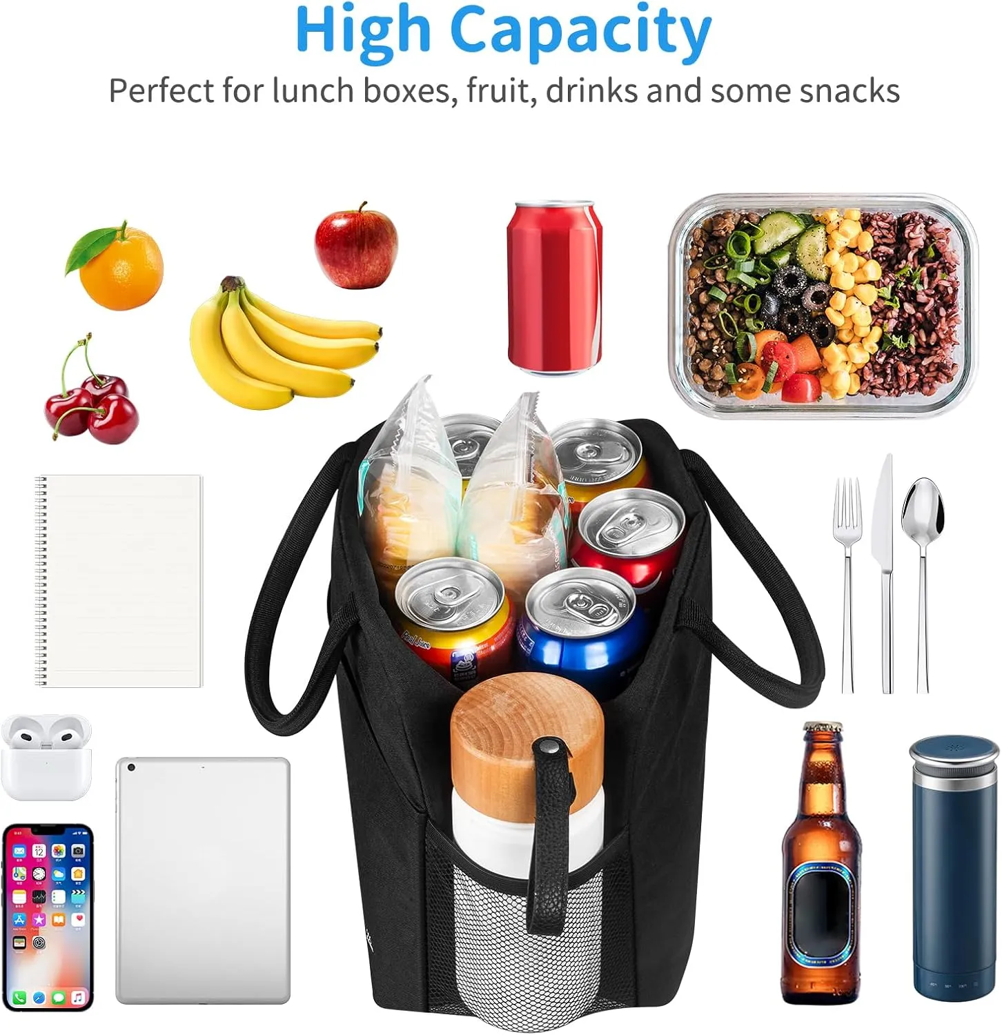 Lunch Bag Lunch Box for Women Men Reusable Insulated Lunch Bags for Adults,Water-Resistant Cute Cooler Lunch Tote Bag, Large Capacity for Work Travel Picnic,Black