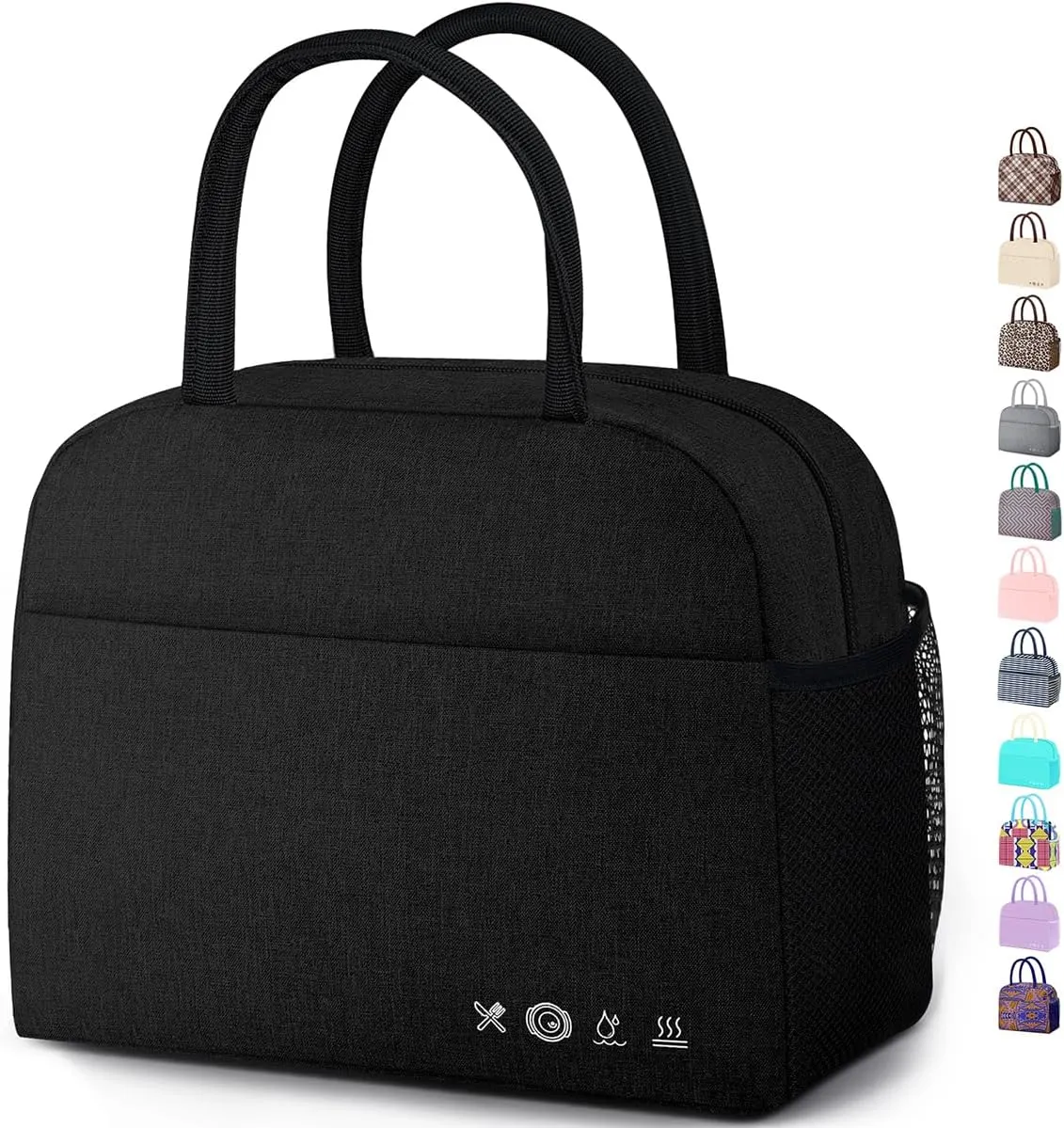 Lunch Bag Lunch Box for Women Men Reusable Insulated Lunch Bags for Adults,Water-Resistant Cute Cooler Lunch Tote Bag, Large Capacity for Work Travel Picnic,Black