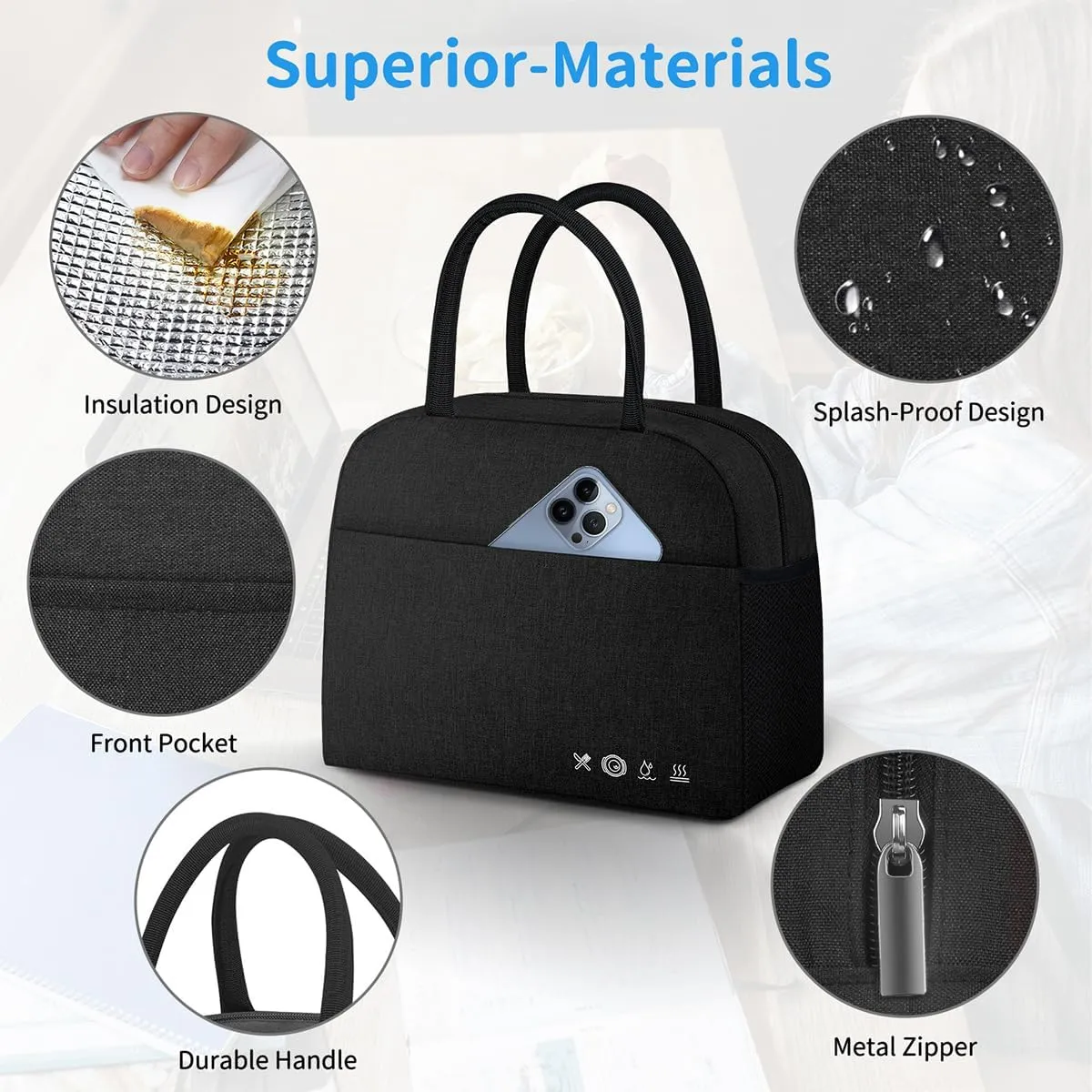 Lunch Bag Lunch Box for Women Men Reusable Insulated Lunch Bags for Adults,Water-Resistant Cute Cooler Lunch Tote Bag, Large Capacity for Work Travel Picnic,Black