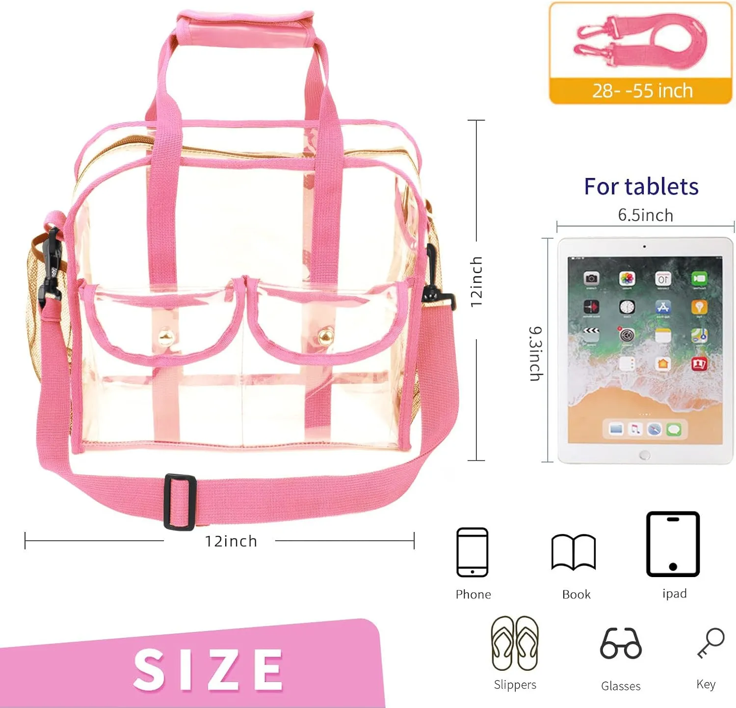 MOFASVIGI Clear Bag Stadium Approved Transparent Waterproof Clear Tote Bags for Work, Sports Games, Concerts,Travel-12 x12 x6