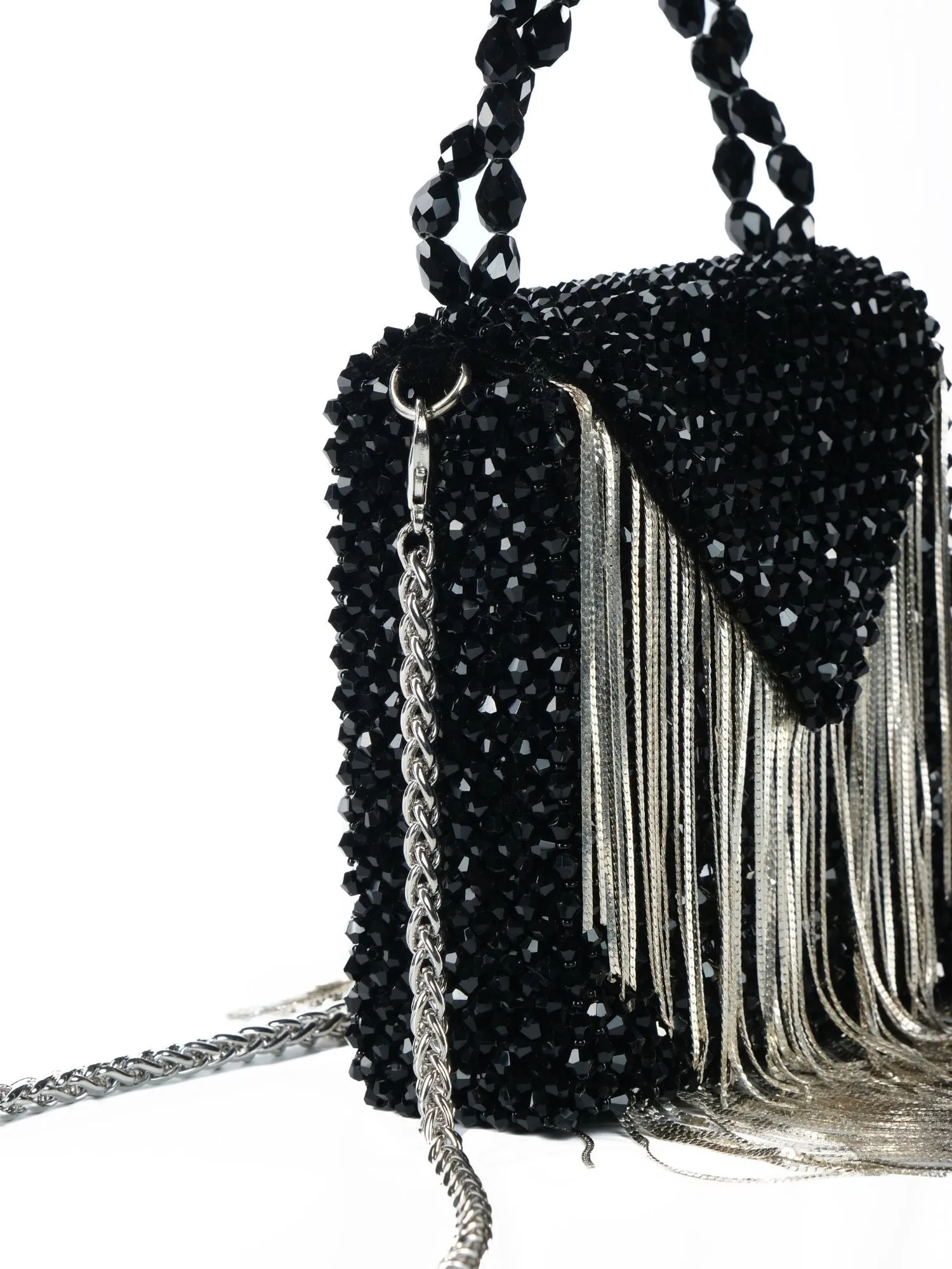 Natali Black Embellished Mini Bag With Silver Chain