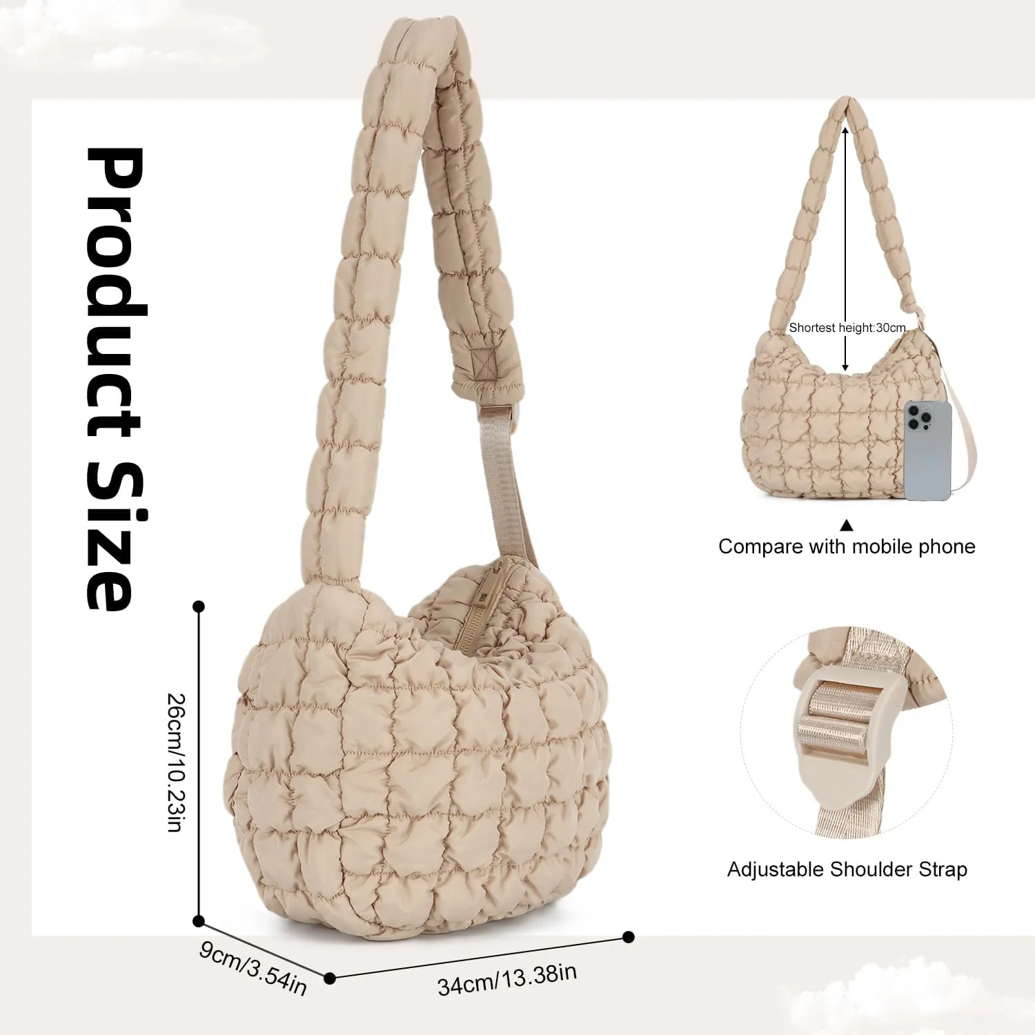 Oweisong Women Puffer Tote Bag Puffy Quilted Handbag Tote Lightweight Carryall Bag Large Hobo Crossbody Bag