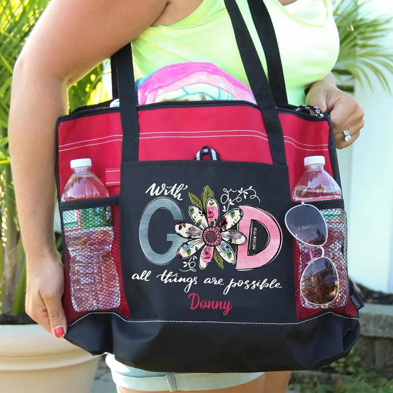 Personalized With God All Things Are Possible Premium Tote Bag Christian Tote Bag Guiding Cross Daily Bag - Reinforced with Biblical Strength - All-Purpose Carryall for Daily Essentials (Pink)