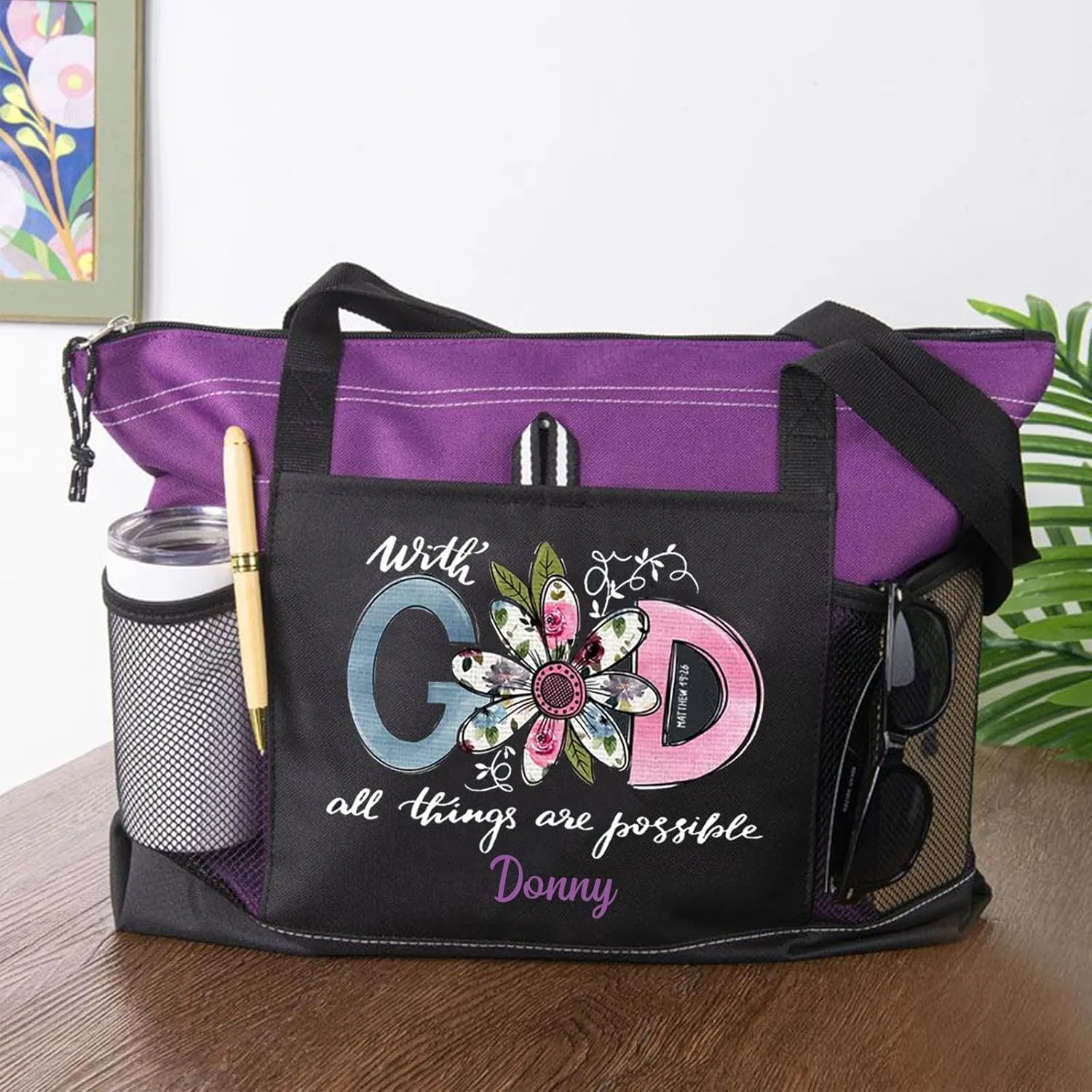 Personalized With God All Things Are Possible Premium Tote Bag Christian Tote Bag Guiding Cross Daily Bag - Reinforced with Biblical Strength - All-Purpose Carryall for Daily Essentials (Pink)