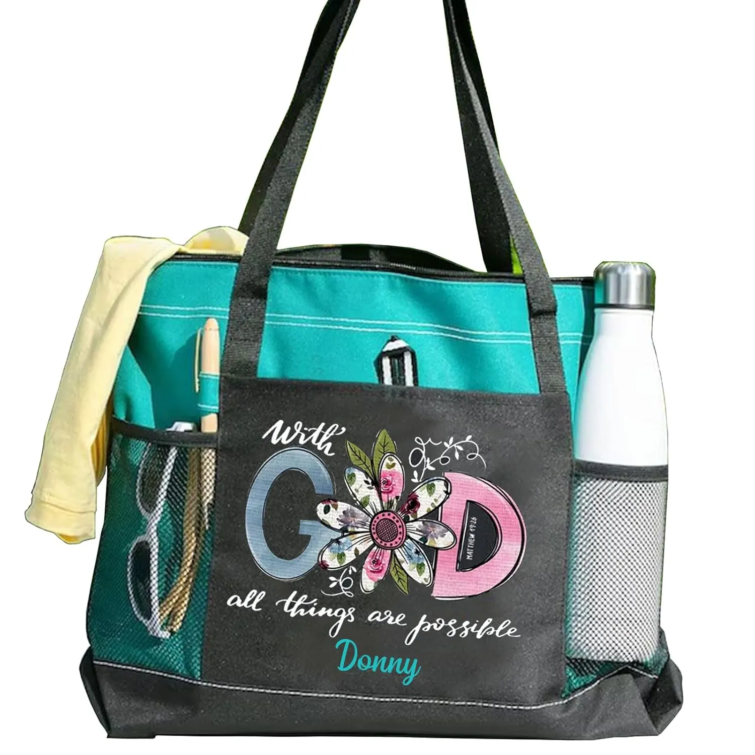 Personalized With God All Things Are Possible Premium Tote Bag Christian Tote Bag Guiding Cross Daily Bag - Reinforced with Biblical Strength - All-Purpose Carryall for Daily Essentials (Pink)