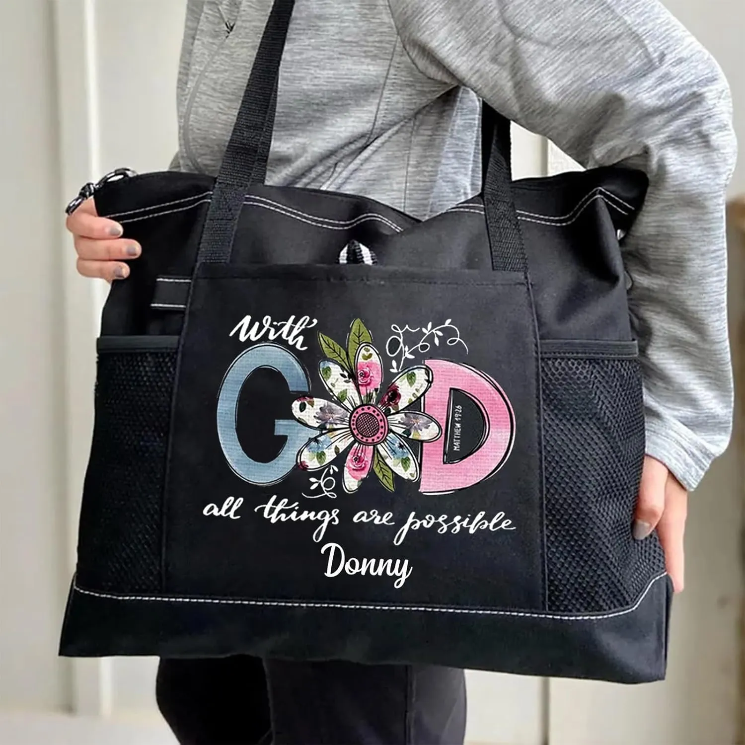 Personalized With God All Things Are Possible Premium Tote Bag Christian Tote Bag Guiding Cross Daily Bag - Reinforced with Biblical Strength - All-Purpose Carryall for Daily Essentials (Pink)