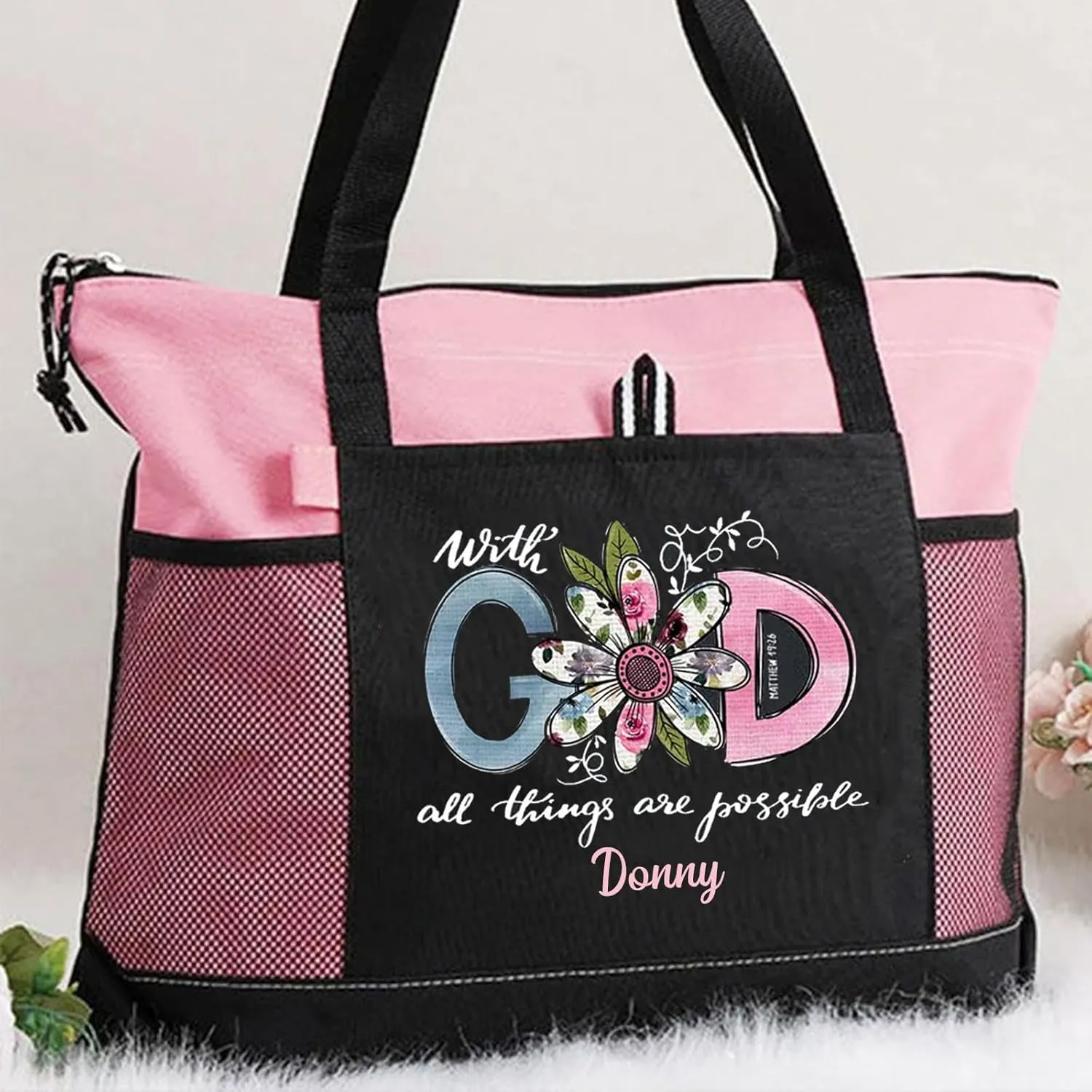 Personalized With God All Things Are Possible Premium Tote Bag Christian Tote Bag Guiding Cross Daily Bag - Reinforced with Biblical Strength - All-Purpose Carryall for Daily Essentials (Pink)