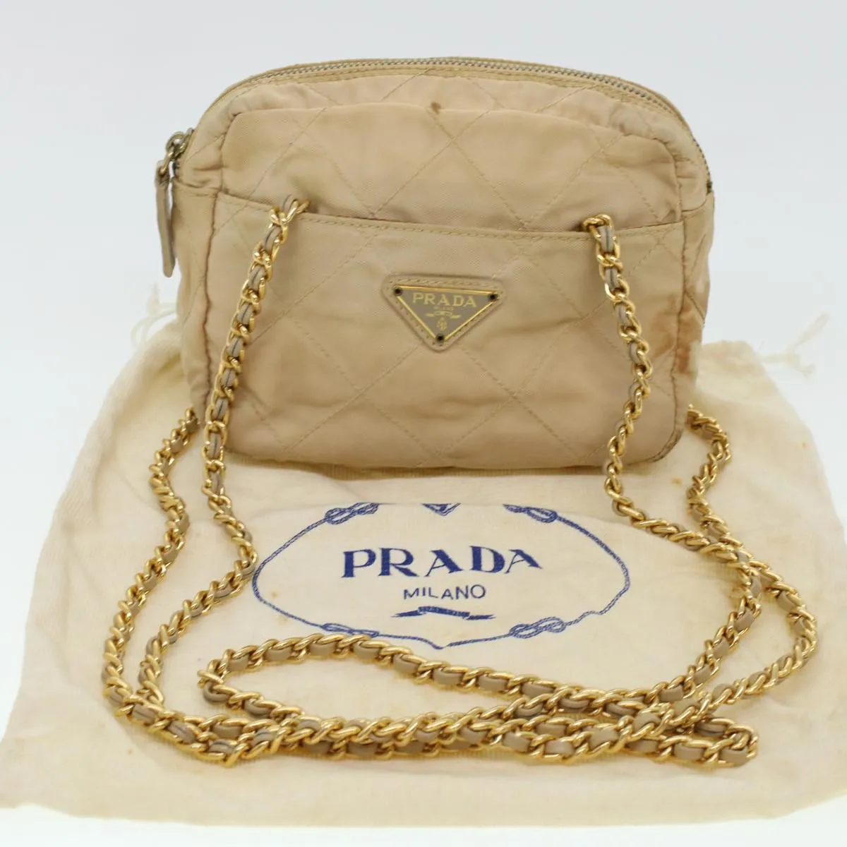 PRADA Quilted Chain Shoulder Bag Nylon Beige  41312