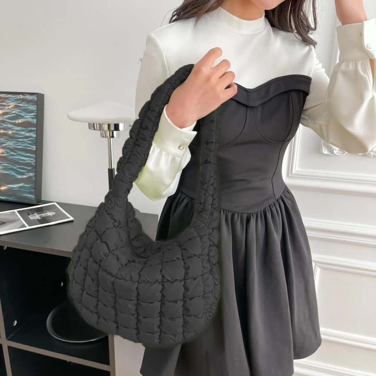 Puffer Carryall Tote Bag for Women Quilted Shoulder Bag for Travel Lightweight Cotton Padded Hobo Handbag
