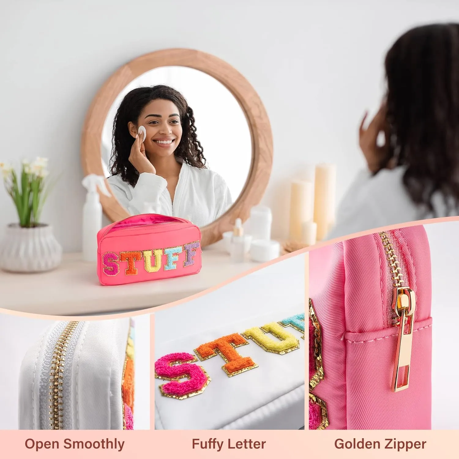Radiant Chenille Monogram Makeup Bag, Trendy Embroidered Travel Cosmetic Purse for Women & Girls, Perfect Little Gift for Holidays and Romantic Celebrations