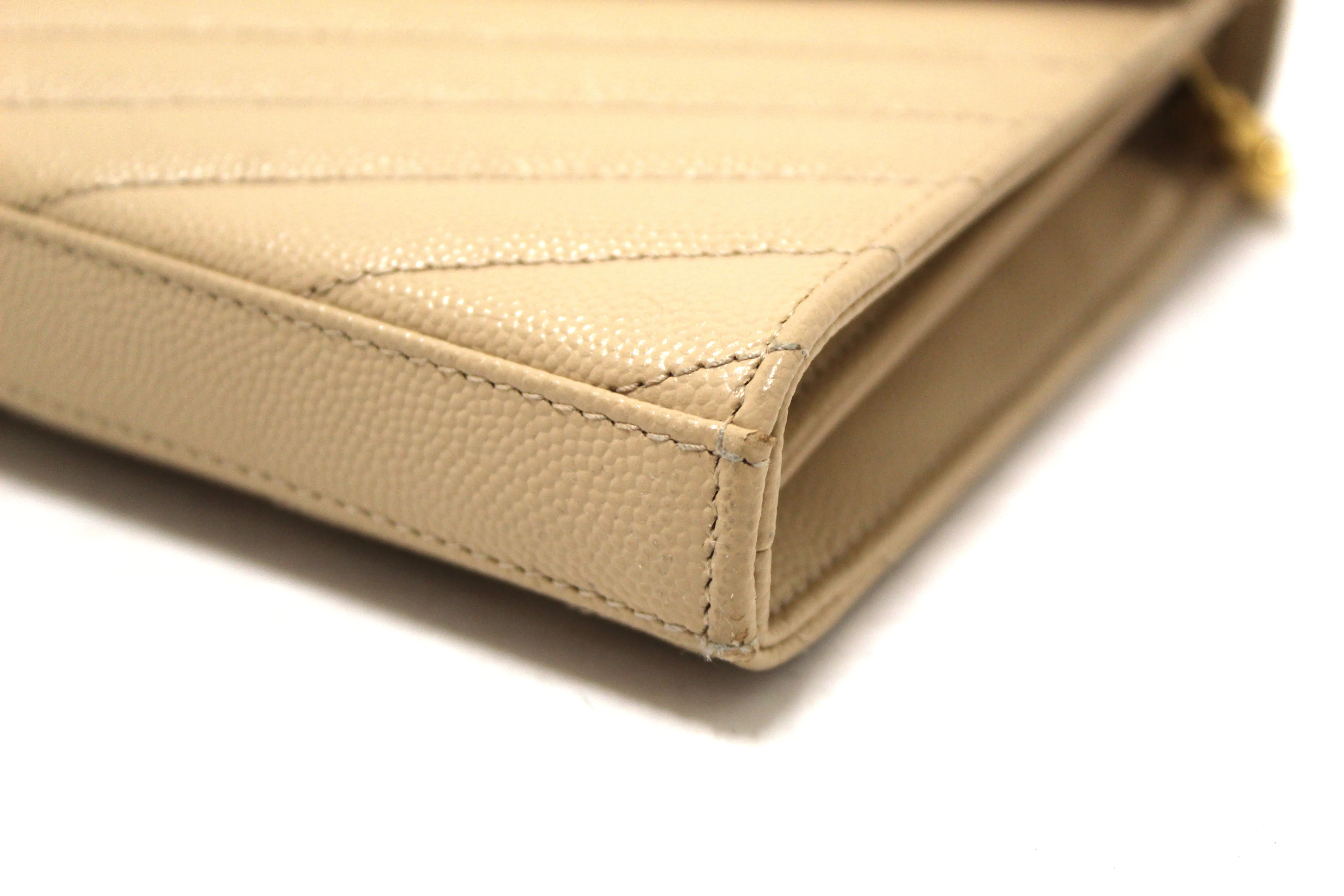 Saint Laurent Beige Matelasse Grain De Poudre Chevron Chain Wallet Crossbody Bag