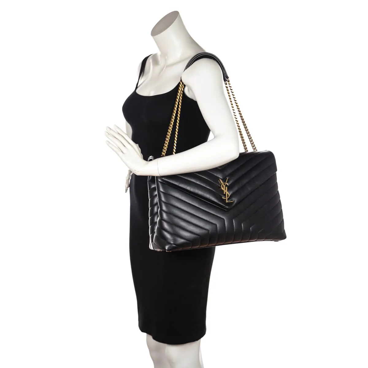 Saint Laurent Black Calfskin Matelasse Large Loulou Monogram Chain Satchel