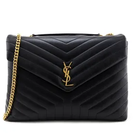 Saint Laurent Black Calfskin Matelasse Large Loulou Monogram Chain Satchel
