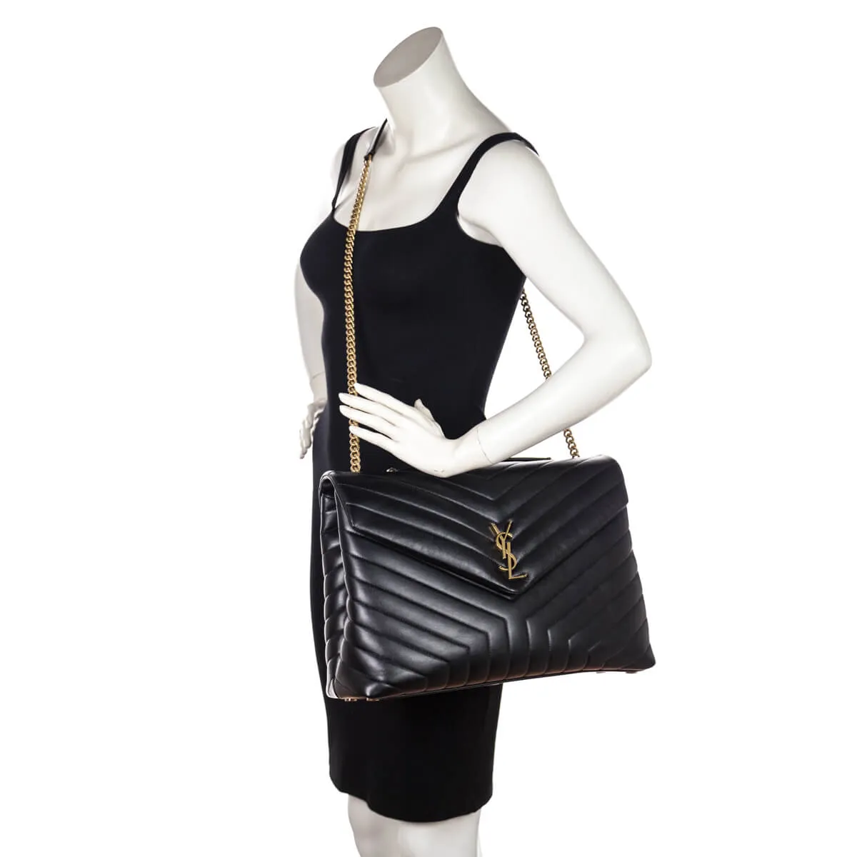 Saint Laurent Black Calfskin Matelasse Large Loulou Monogram Chain Satchel
