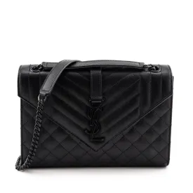 Saint Laurent Black Grain de Poudre Mixed Matelasse Triquilt Medium Monogram Satchel