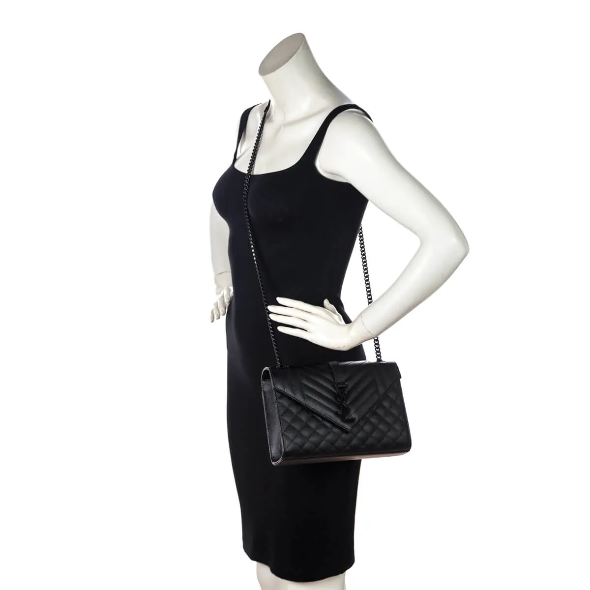 Saint Laurent Black Grain de Poudre Mixed Matelasse Triquilt Medium Monogram Satchel