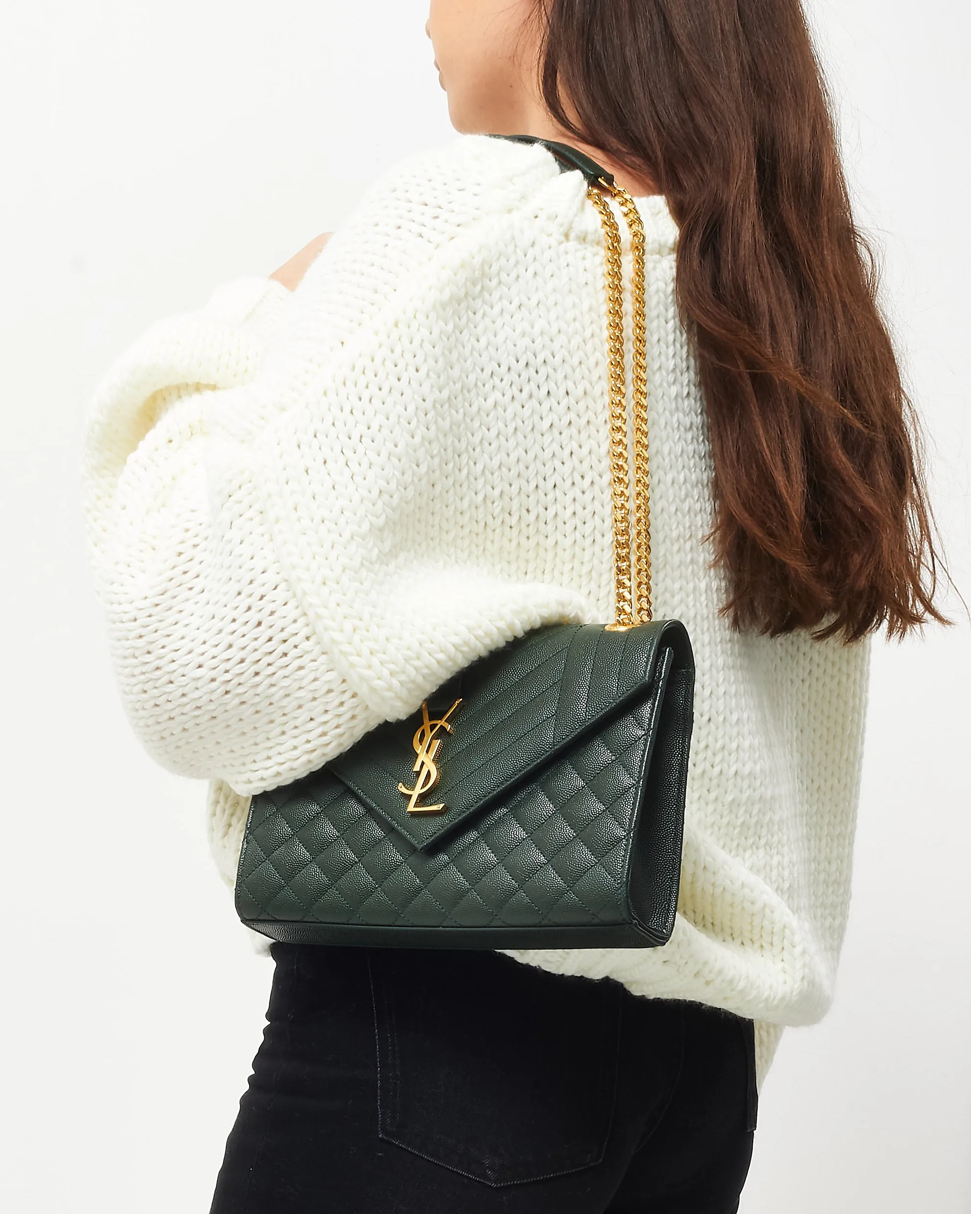 Saint Laurent Green Quilted Embossed Leather Medium YSL Logo Envelope Flap Bag