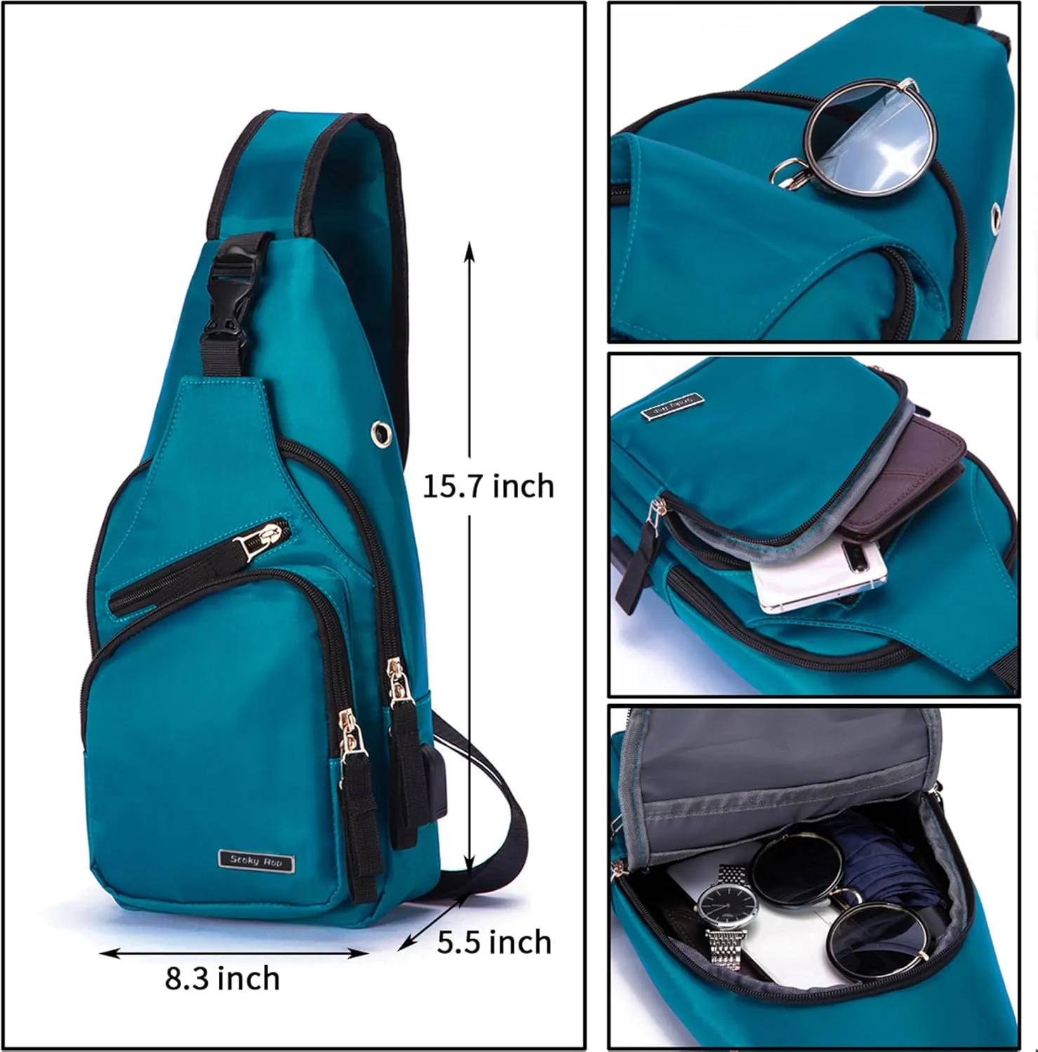 Seoky Rop Men Women Sling Backpack Nylon Water Resistant Shoulder Chest Crossbody Sling Bag with USB Charging Port