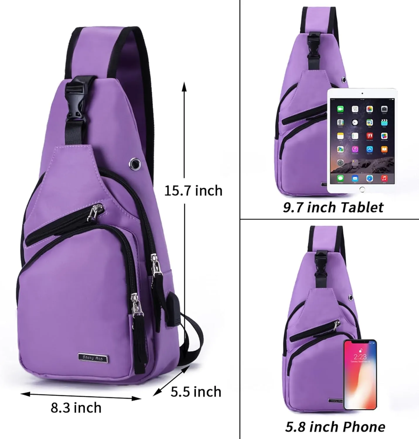 Seoky Rop Men Women Sling Backpack Nylon Water Resistant Shoulder Chest Crossbody Sling Bag with USB Charging Port
