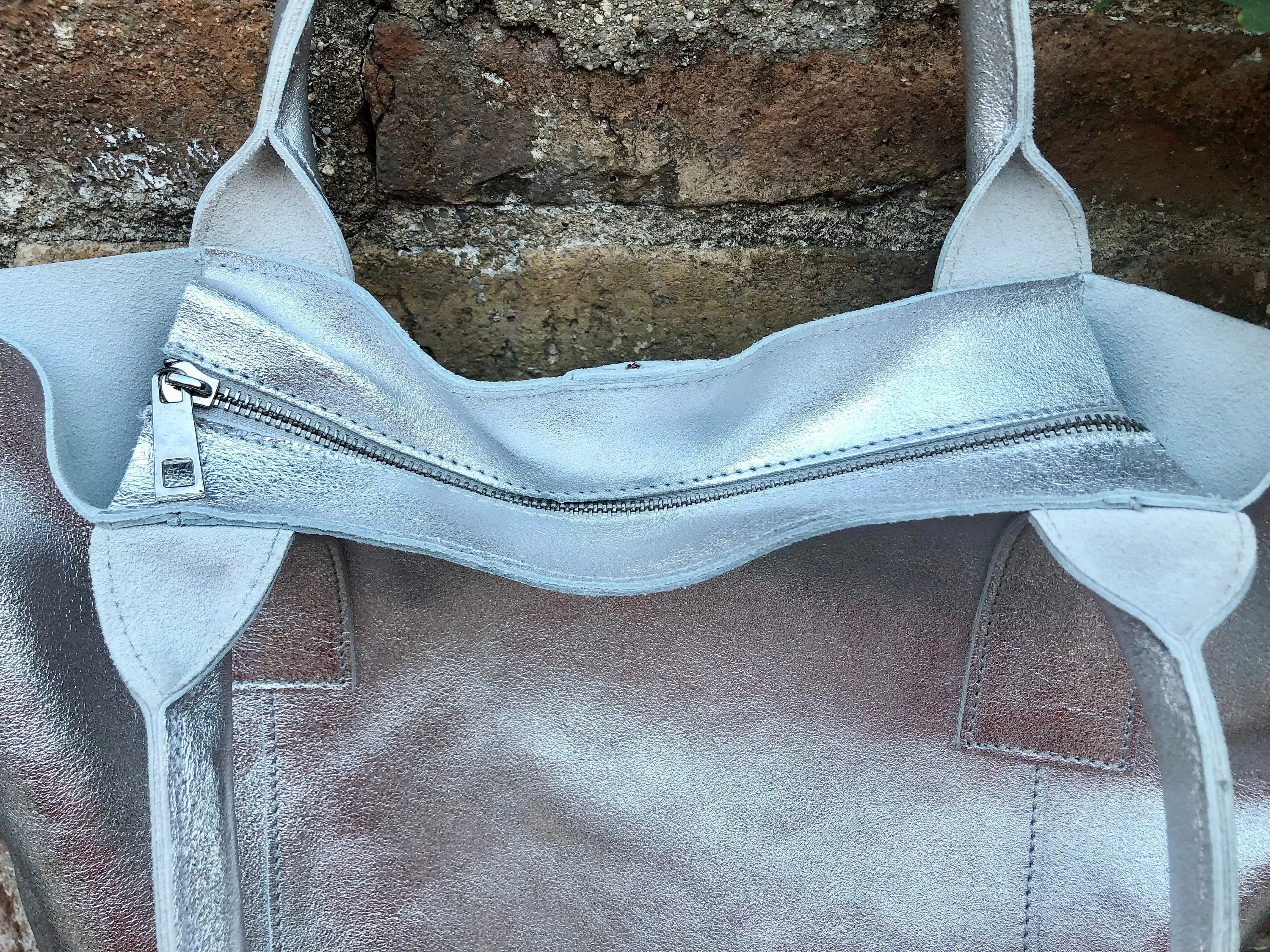 Shoulder leather bag in SILVER. GENUINE leather shopper bag. Large carry all bag for your laptop, books. Metallic GOLD leather purse