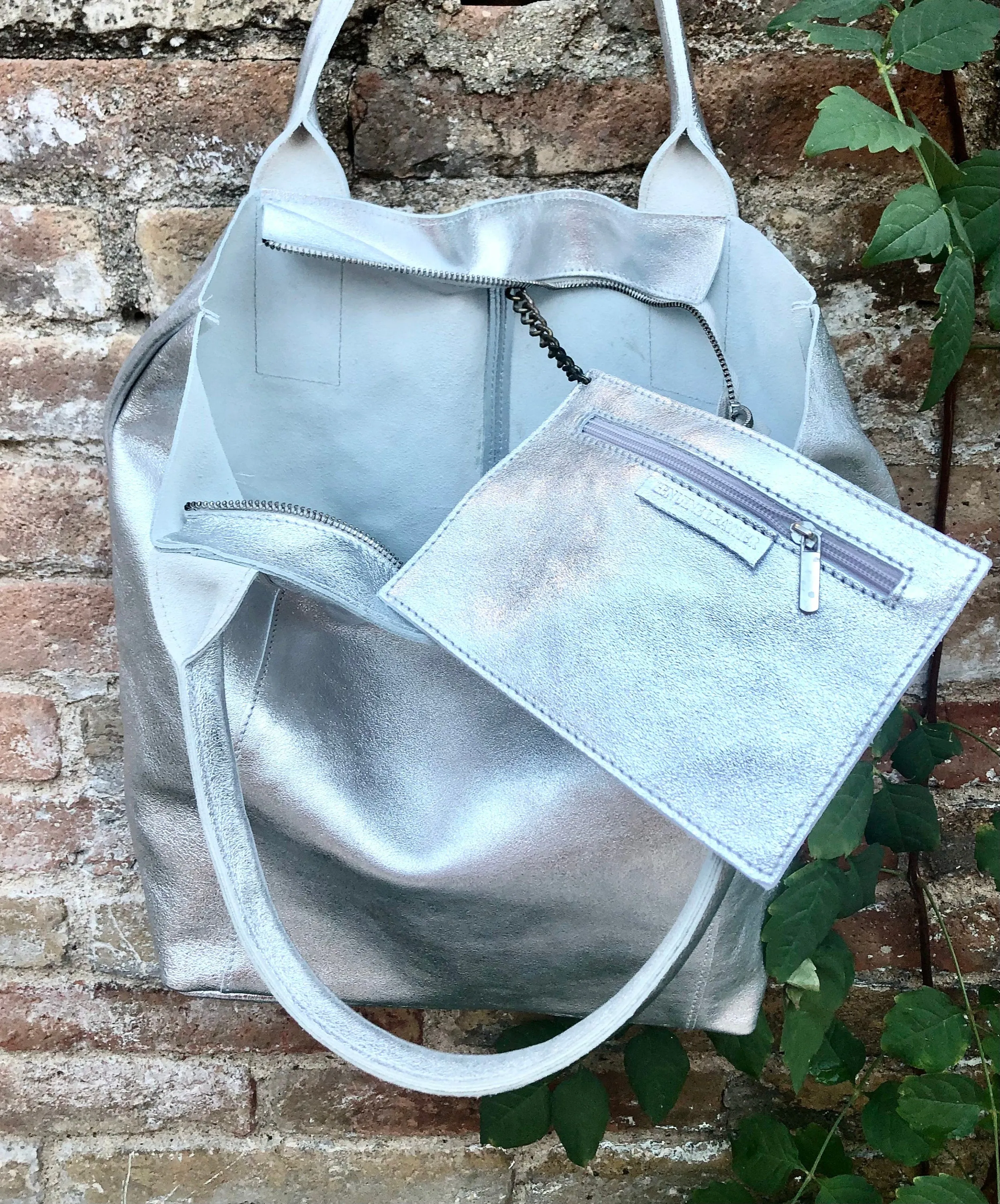 Shoulder leather bag in SILVER. GENUINE leather shopper bag. Large carry all bag for your laptop, books. Metallic GOLD leather purse