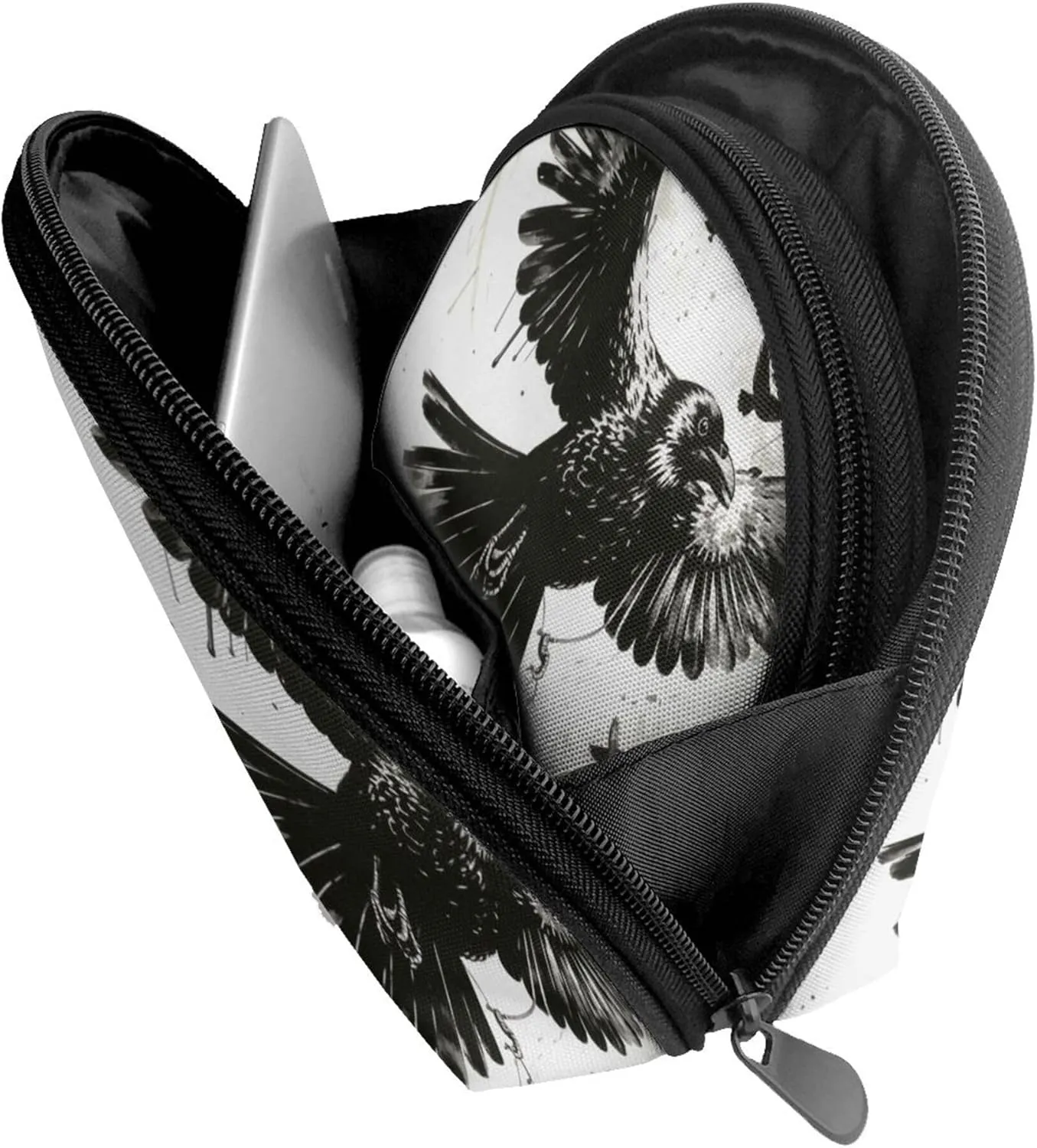 Small Makeup Bag, Compatible with Black Crow Raven Bird Grey Coin Purse Lipstick Organizer Pouch with Zipper for Purse