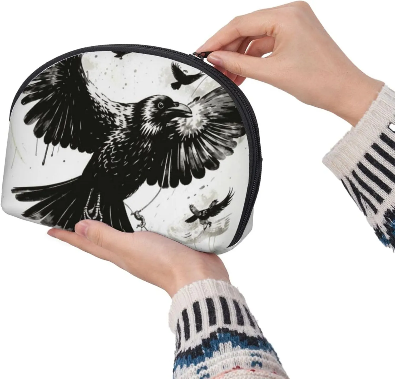 Small Makeup Bag, Compatible with Black Crow Raven Bird Grey Coin Purse Lipstick Organizer Pouch with Zipper for Purse