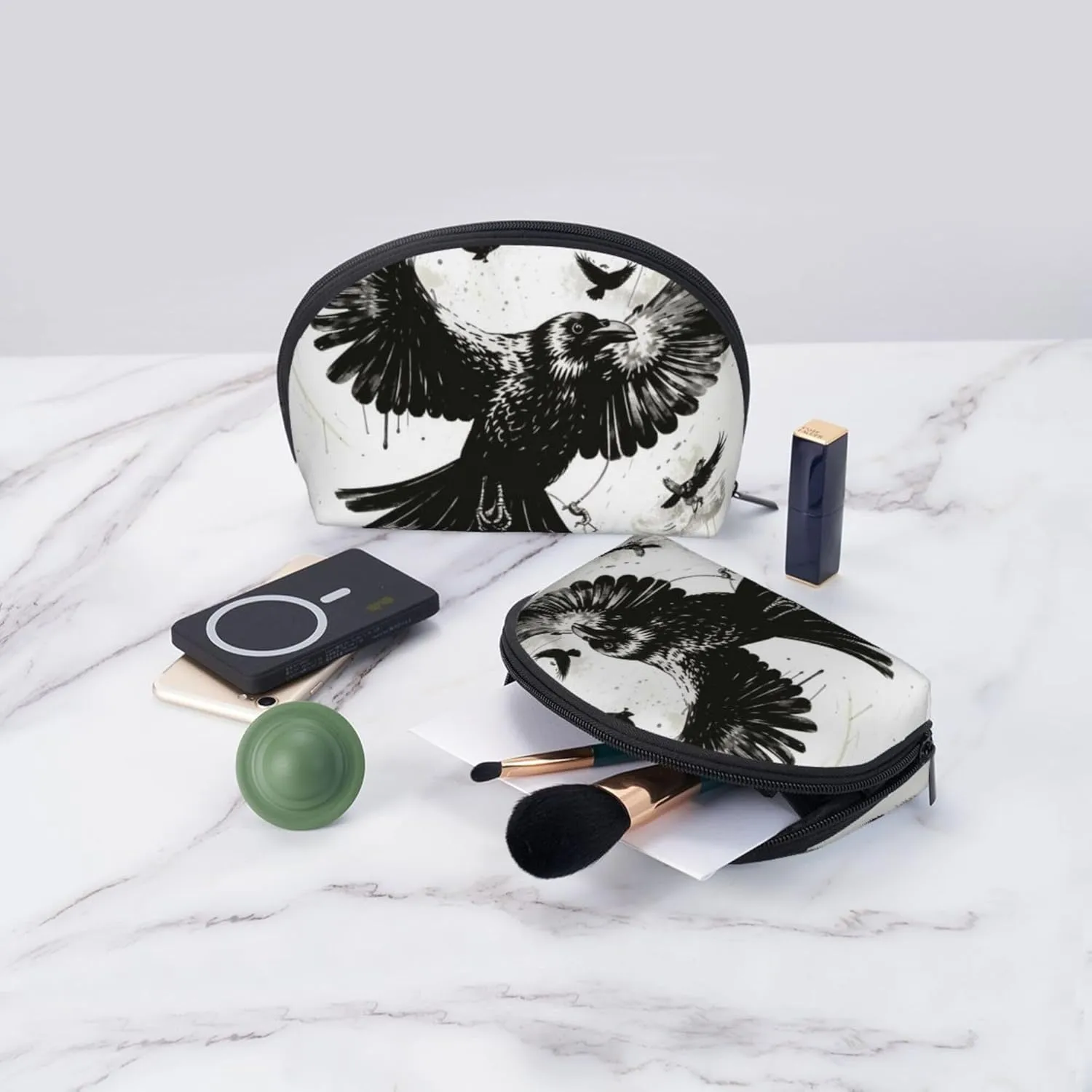 Small Makeup Bag, Compatible with Black Crow Raven Bird Grey Coin Purse Lipstick Organizer Pouch with Zipper for Purse