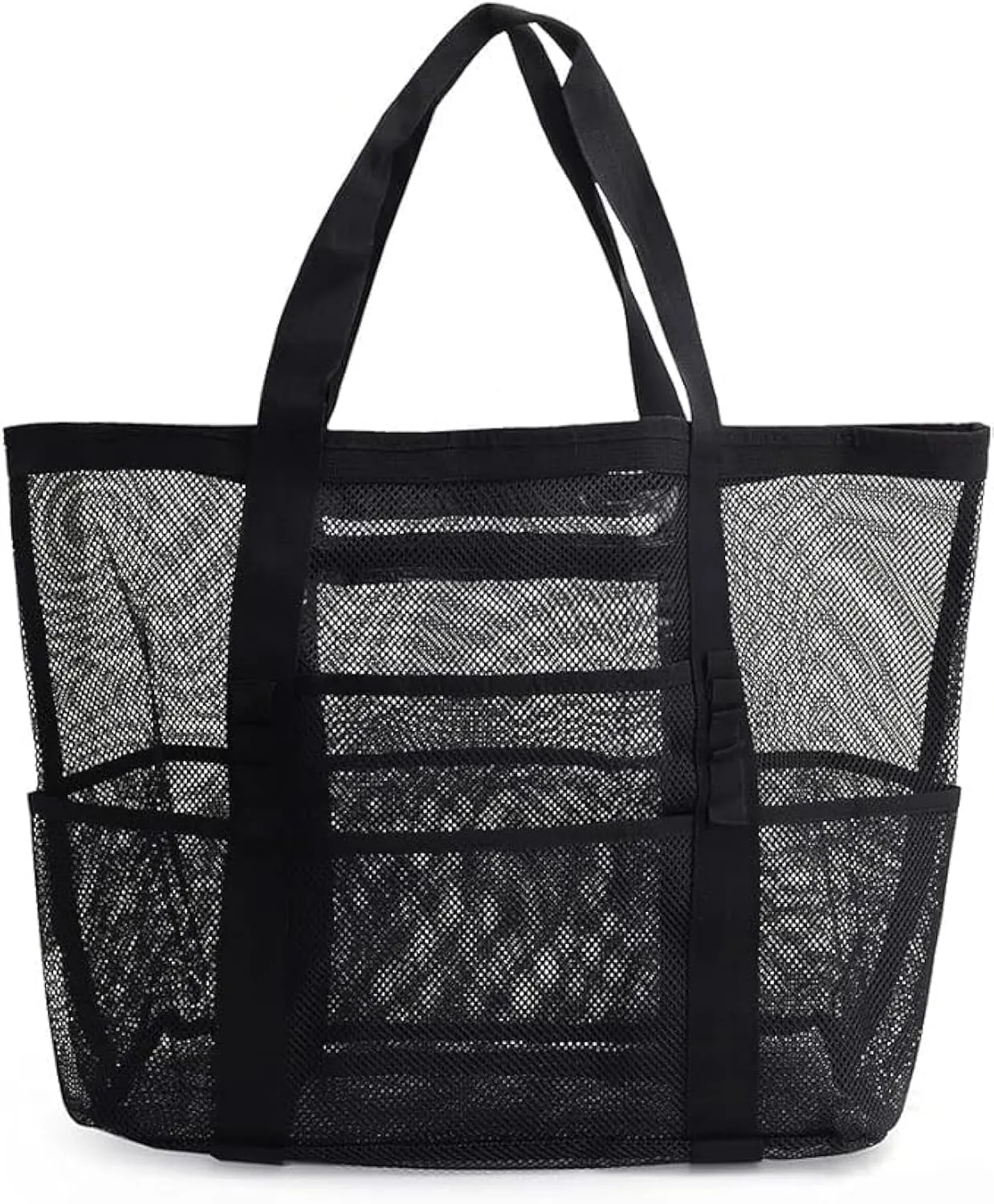 SoHo, Mesh Beach Bag - Toy Tote Bag - Large Lightweight Market, Grocery & Picnic Tote with Oversized Pockets (Black/White)
