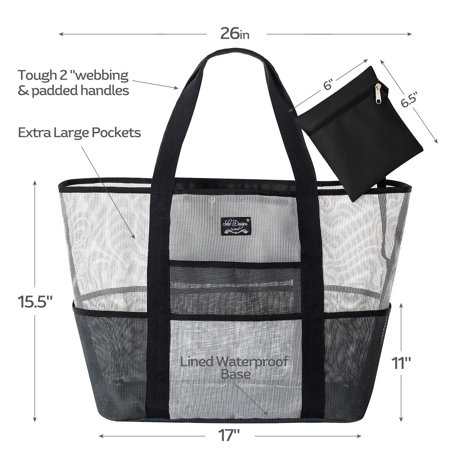 SoHo, Mesh Beach Bag - Toy Tote Bag - Large Lightweight Market, Grocery & Picnic Tote with Oversized Pockets (Black/White)