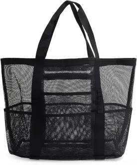SoHo, Mesh Beach Bag - Toy Tote Bag - Large Lightweight Market, Grocery & Picnic Tote with Oversized Pockets (Black/White)