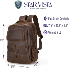 STAR VISTA 15.6" Raphael Vintage Full Grain Leather Laptop Backpack for Men, Multi Pockets, Casual Outdoor Business Travel Rucksack, YKK Zippers, Dark Brown