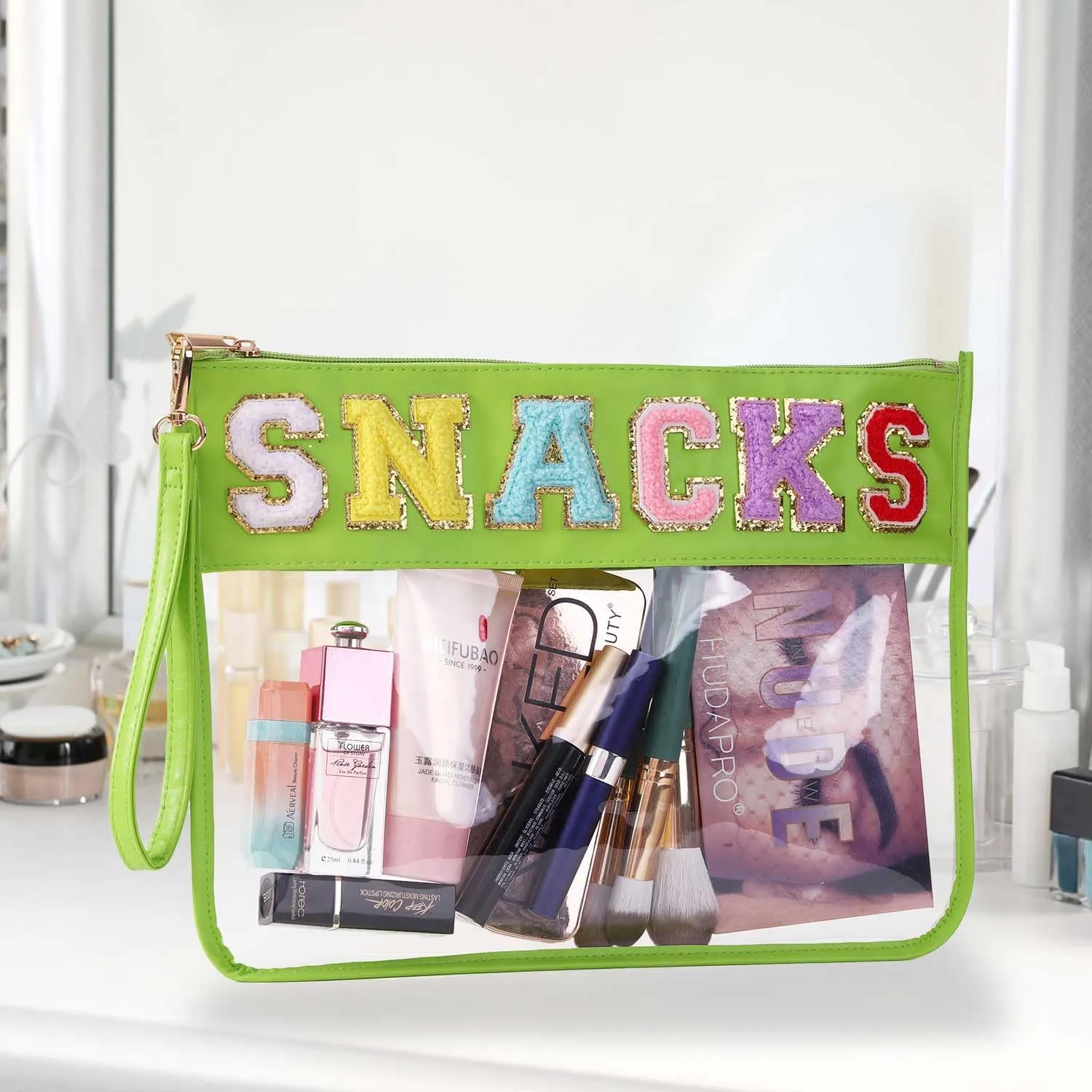 TopTTanBo Chenille Letter Clear Bag Purse Multi-purpose Transparent Waterproof Snacks Makeup Tote Bag with Wrist Strap
