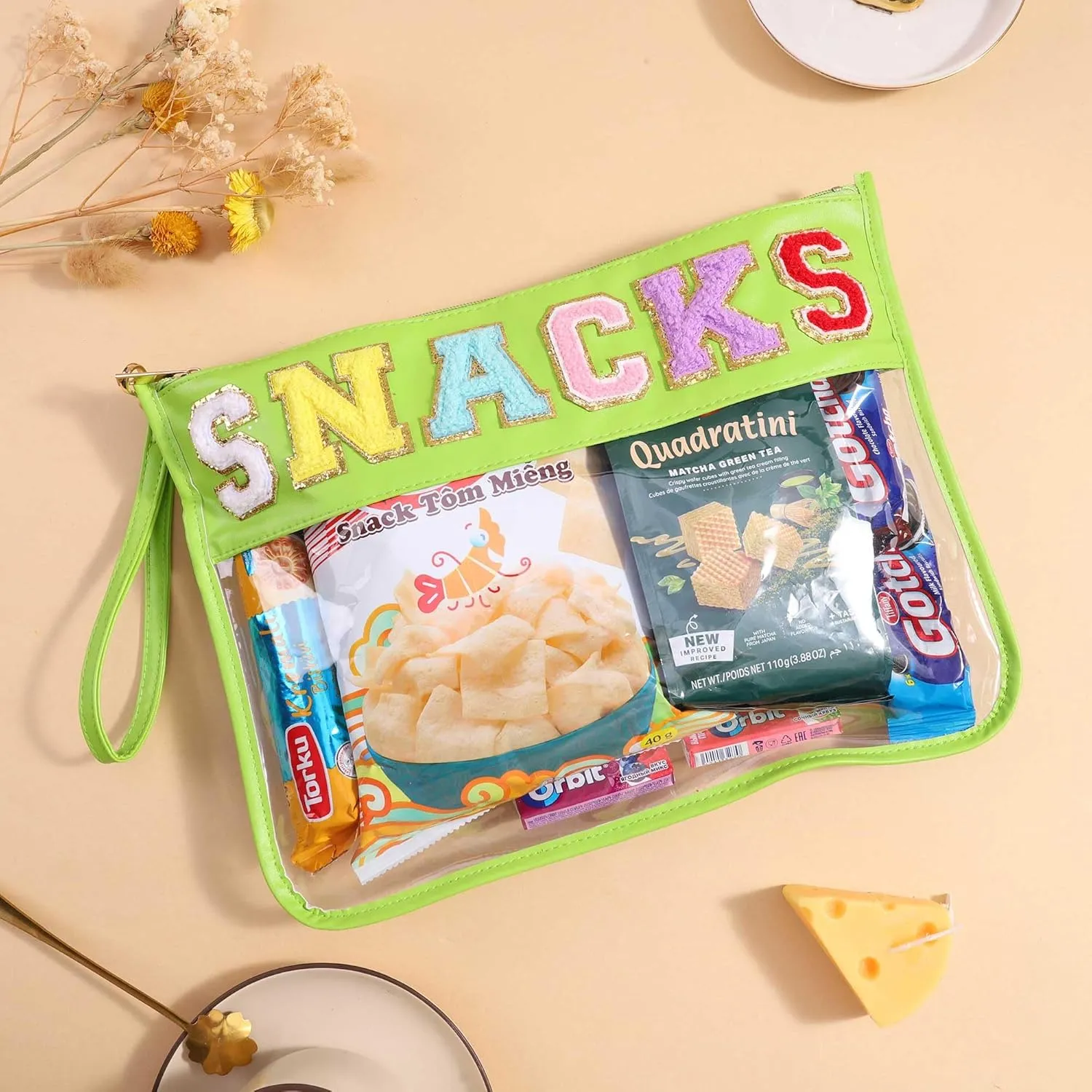 TopTTanBo Chenille Letter Clear Bag Purse Multi-purpose Transparent Waterproof Snacks Makeup Tote Bag with Wrist Strap