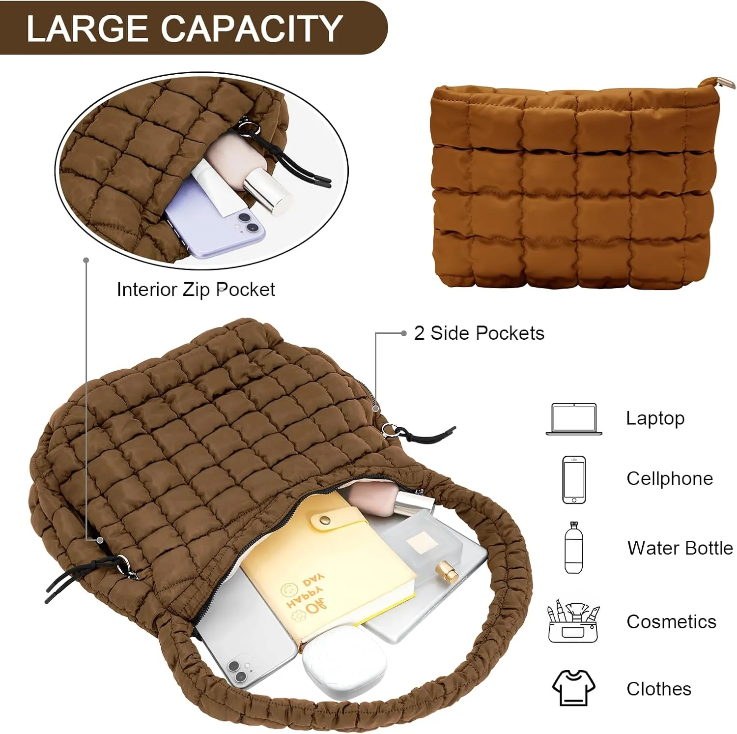 UKAYCCI Women Large Quilted Tote Bag Lightweight Quilted Carryall GYM Bag Soft Puffy Crossbody Bag Hobo Handbags Wallet