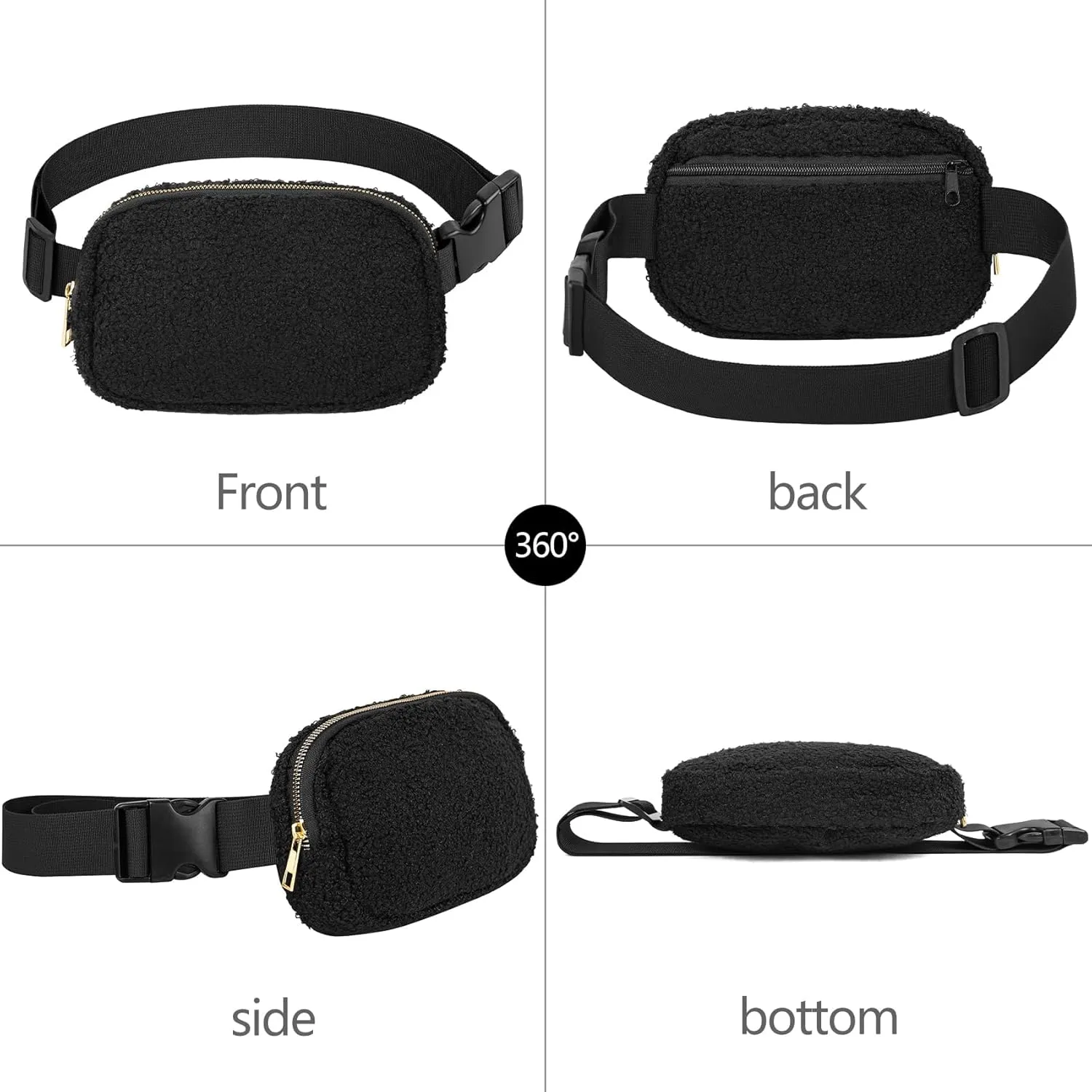 VKIOIP Small Fleece Fanny Pack Sherpa Mini Belt Waist Bag for Women and Man with Adjustable Strap,Unisex Crossbody Waist Pouch for Travel,Hiking,Running,Workout,Unisex(Black)