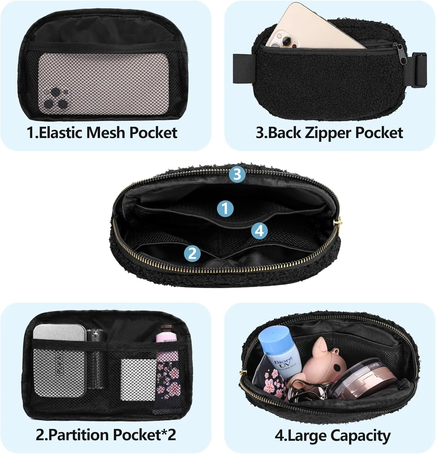 VKIOIP Small Fleece Fanny Pack Sherpa Mini Belt Waist Bag for Women and Man with Adjustable Strap,Unisex Crossbody Waist Pouch for Travel,Hiking,Running,Workout,Unisex(Black)