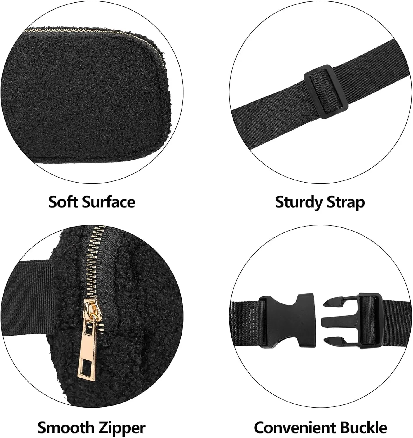 VKIOIP Small Fleece Fanny Pack Sherpa Mini Belt Waist Bag for Women and Man with Adjustable Strap,Unisex Crossbody Waist Pouch for Travel,Hiking,Running,Workout,Unisex(Black)