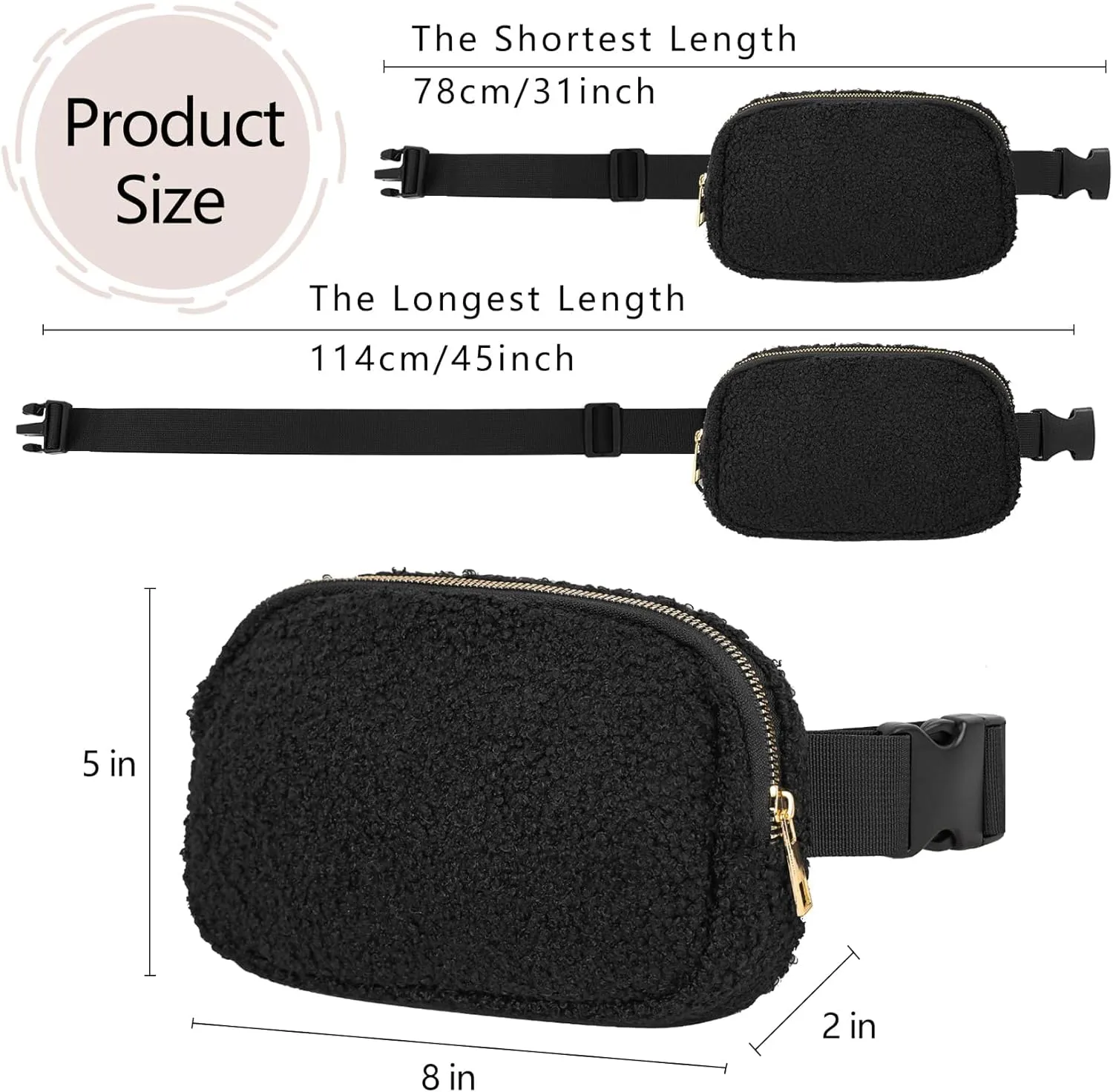 VKIOIP Small Fleece Fanny Pack Sherpa Mini Belt Waist Bag for Women and Man with Adjustable Strap,Unisex Crossbody Waist Pouch for Travel,Hiking,Running,Workout,Unisex(Black)