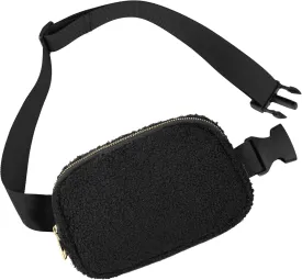 VKIOIP Small Fleece Fanny Pack Sherpa Mini Belt Waist Bag for Women and Man with Adjustable Strap,Unisex Crossbody Waist Pouch for Travel,Hiking,Running,Workout,Unisex(Black)