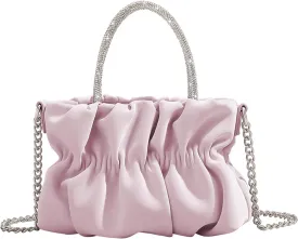 Women Evening Purse Handbags Rhinestone Handle Soft Leather Ruched Bag Bridal Clutch Wedding Party Crossbody Bag