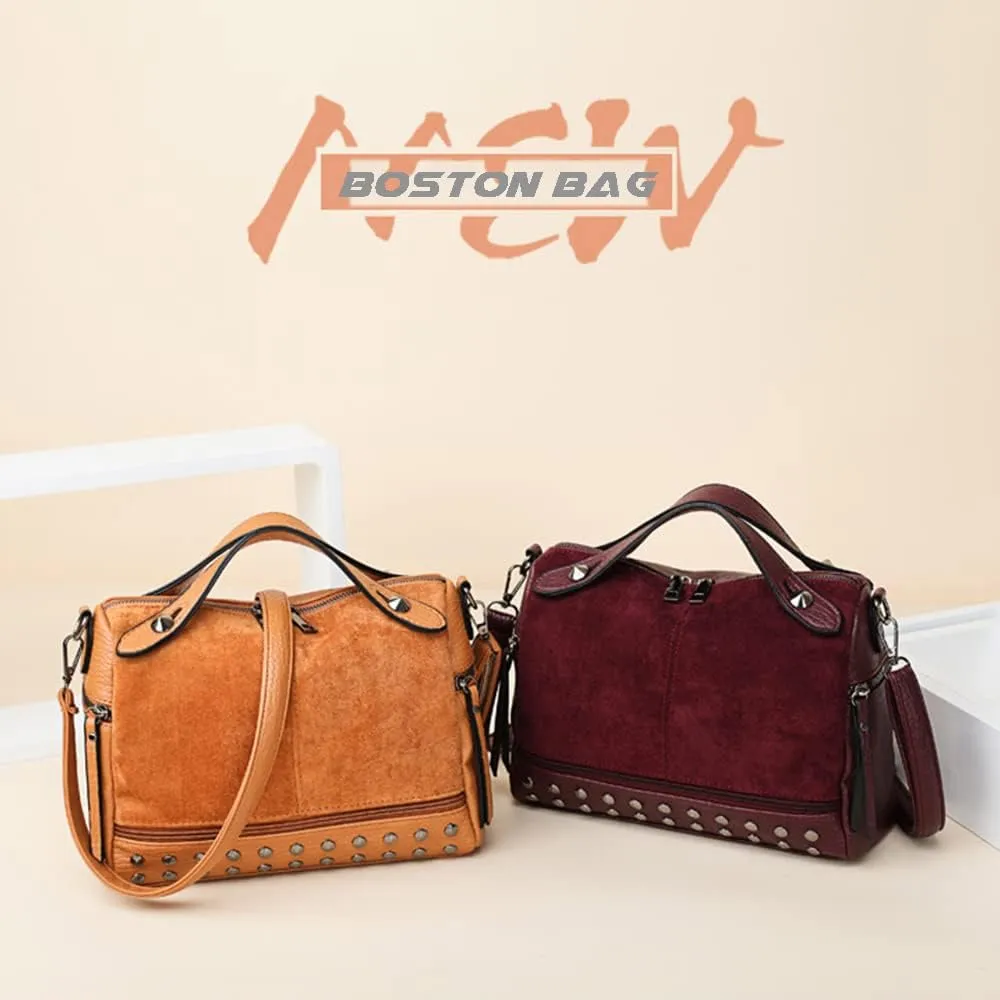 Women's Retro Suede PU Leather Handbag - Shoulder Shopper Work Boston Bag With Rivets - Ladies Crossbody