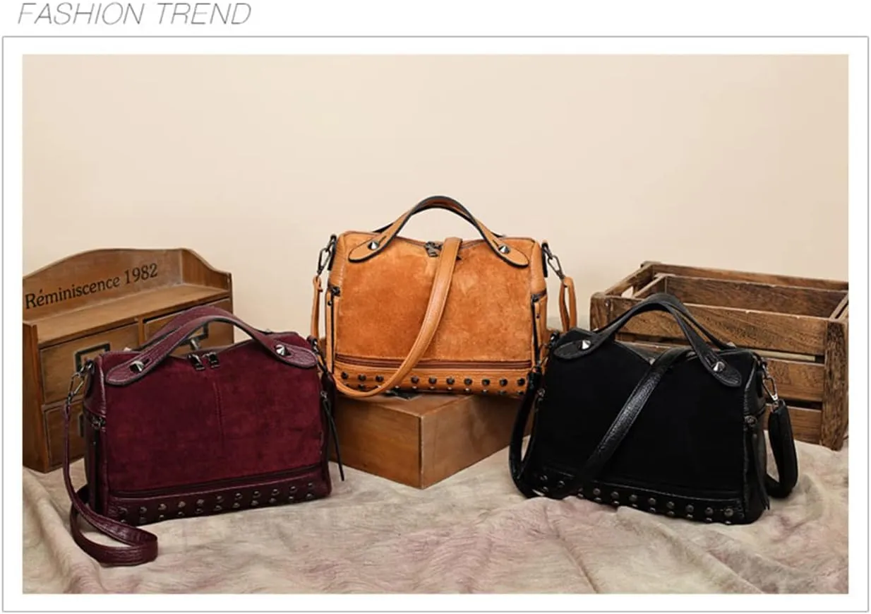 Women's Retro Suede PU Leather Handbag - Shoulder Shopper Work Boston Bag With Rivets - Ladies Crossbody