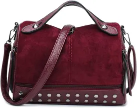 Women's Retro Suede PU Leather Handbag - Shoulder Shopper Work Boston Bag With Rivets - Ladies Crossbody