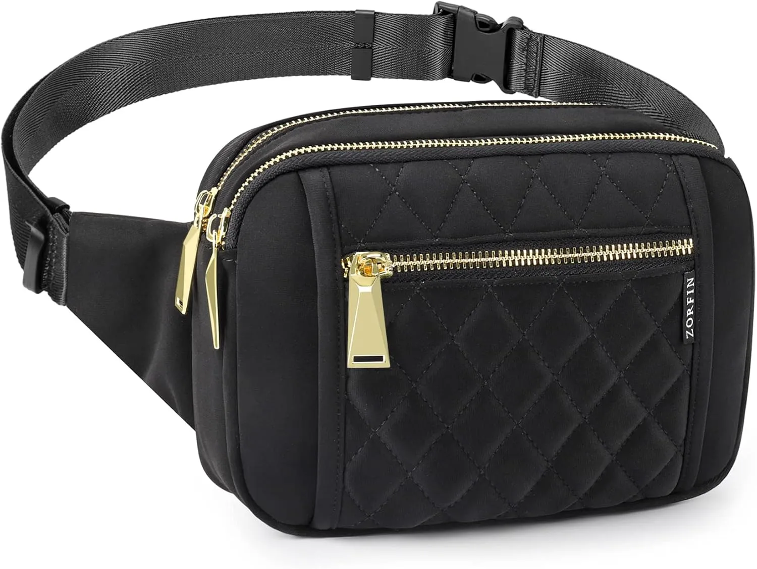 ZORFIN Fanny Packs for Women Men, Quilted Belt Bag with 5 Zipper Pockets, Fashion Waist Pack Crossbody Bag with Adjustable Belt for Travel/Shopping/Hiking/Running/Cycling (Quilted Black)
